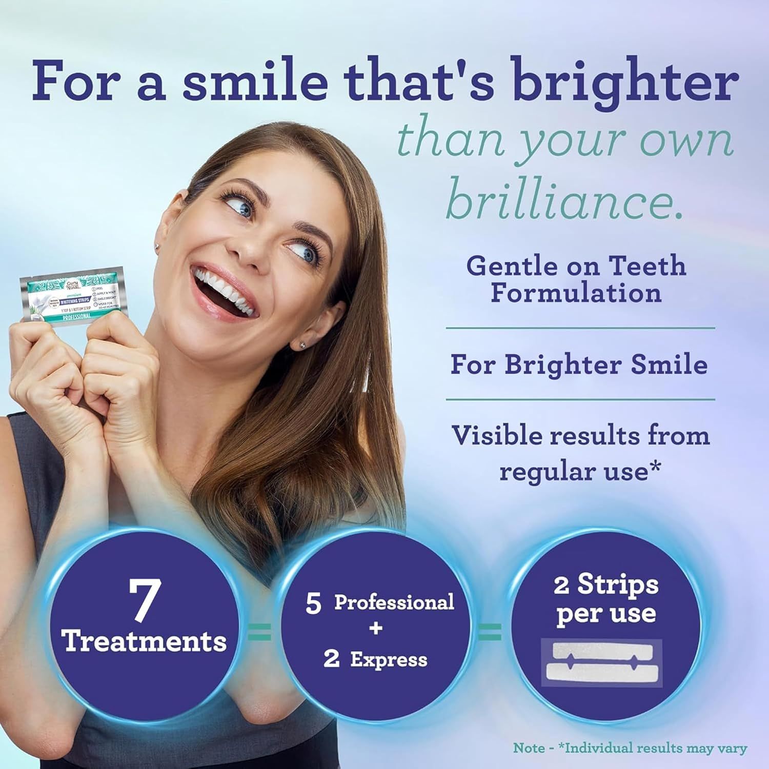 Communicates multiple benefits of the teeth whitening product including gentleness, brightness, visible results, and explains the treatment structure (7…