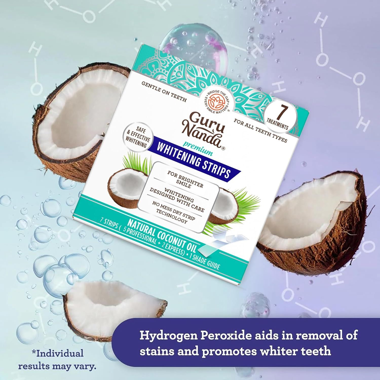 Communicates the key whitening benefit of the product using hydrogen peroxide to remove stains and promote whiter teeth, while highlighting the natural…