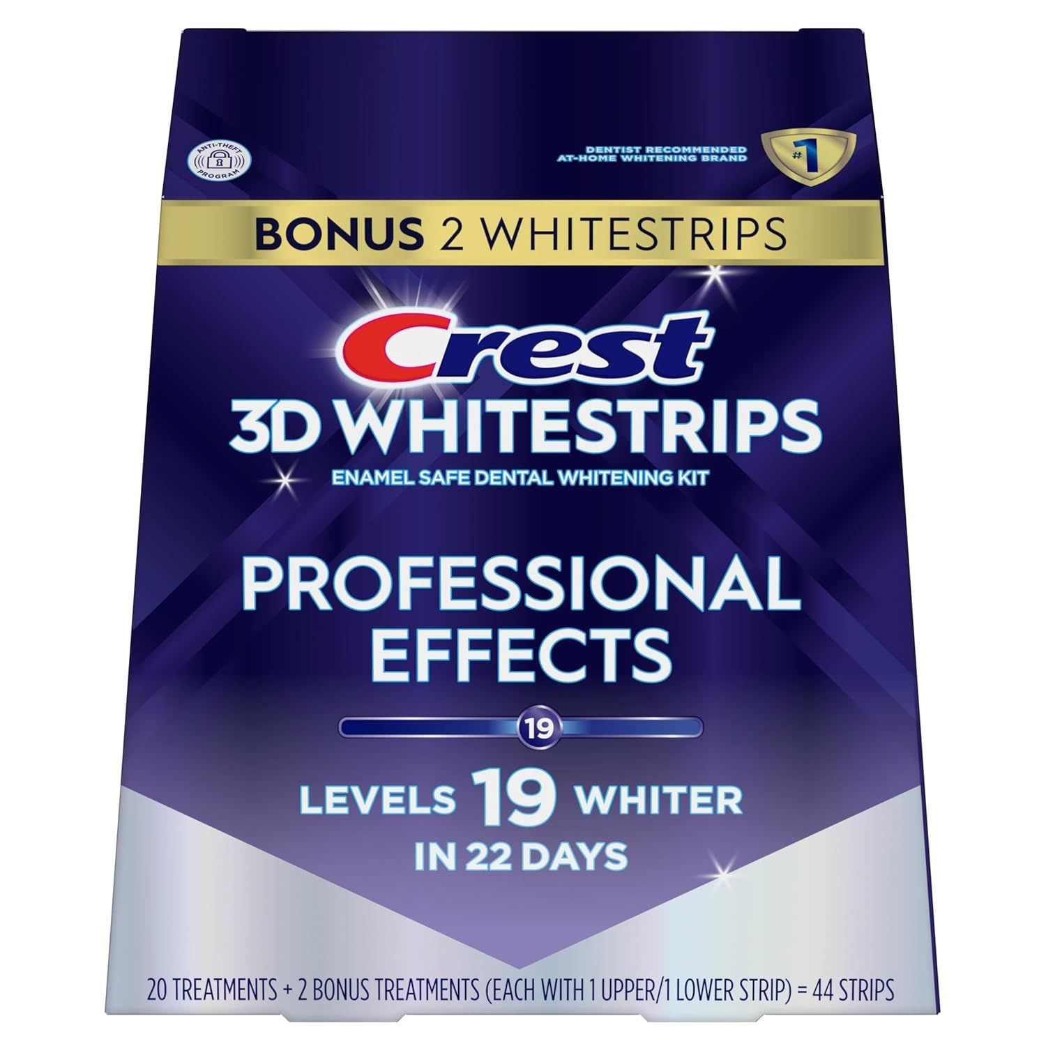 Communicates multiple key selling benefits including professional-level whitening results, specific performance metrics (19 levels whiter in 22 days), safety…