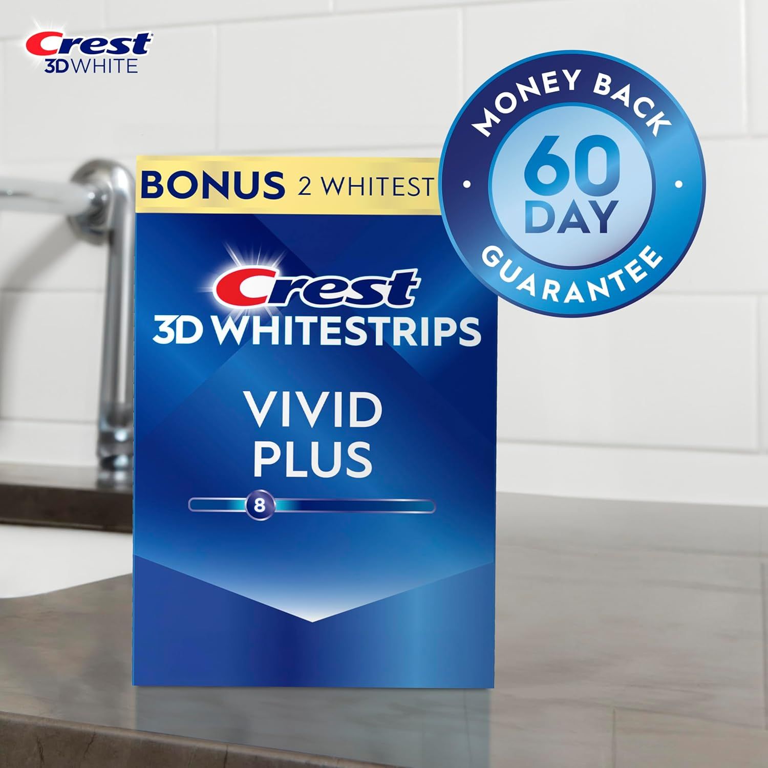 Showcases the Crest 3D Whitestrips Vivid Plus product variant with a 60-day money-back guarantee to build brand trust and help shoppers identify this specific product option within the Crest…