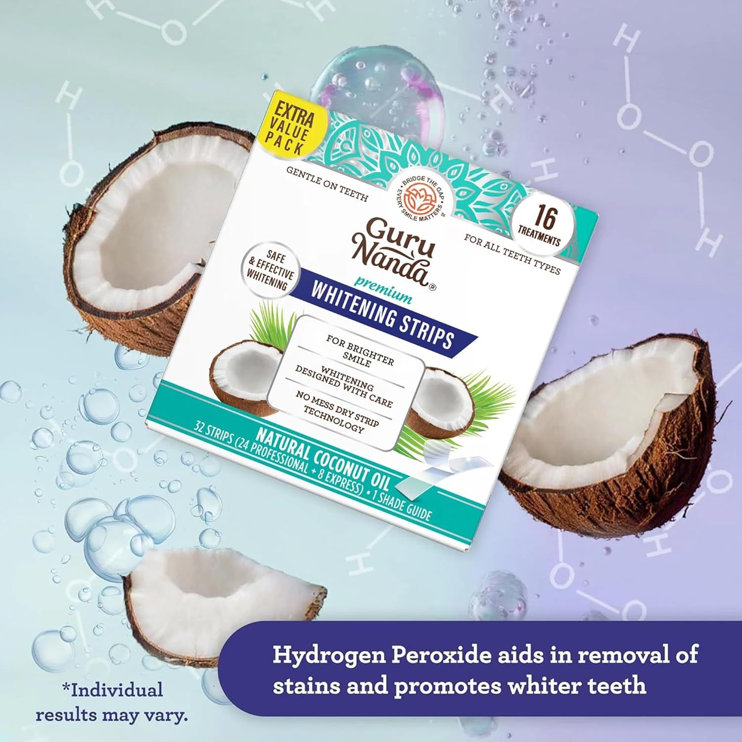Communicates the key whitening benefit of the product using hydrogen peroxide to remove stains and promote whiter teeth, while highlighting the natural…