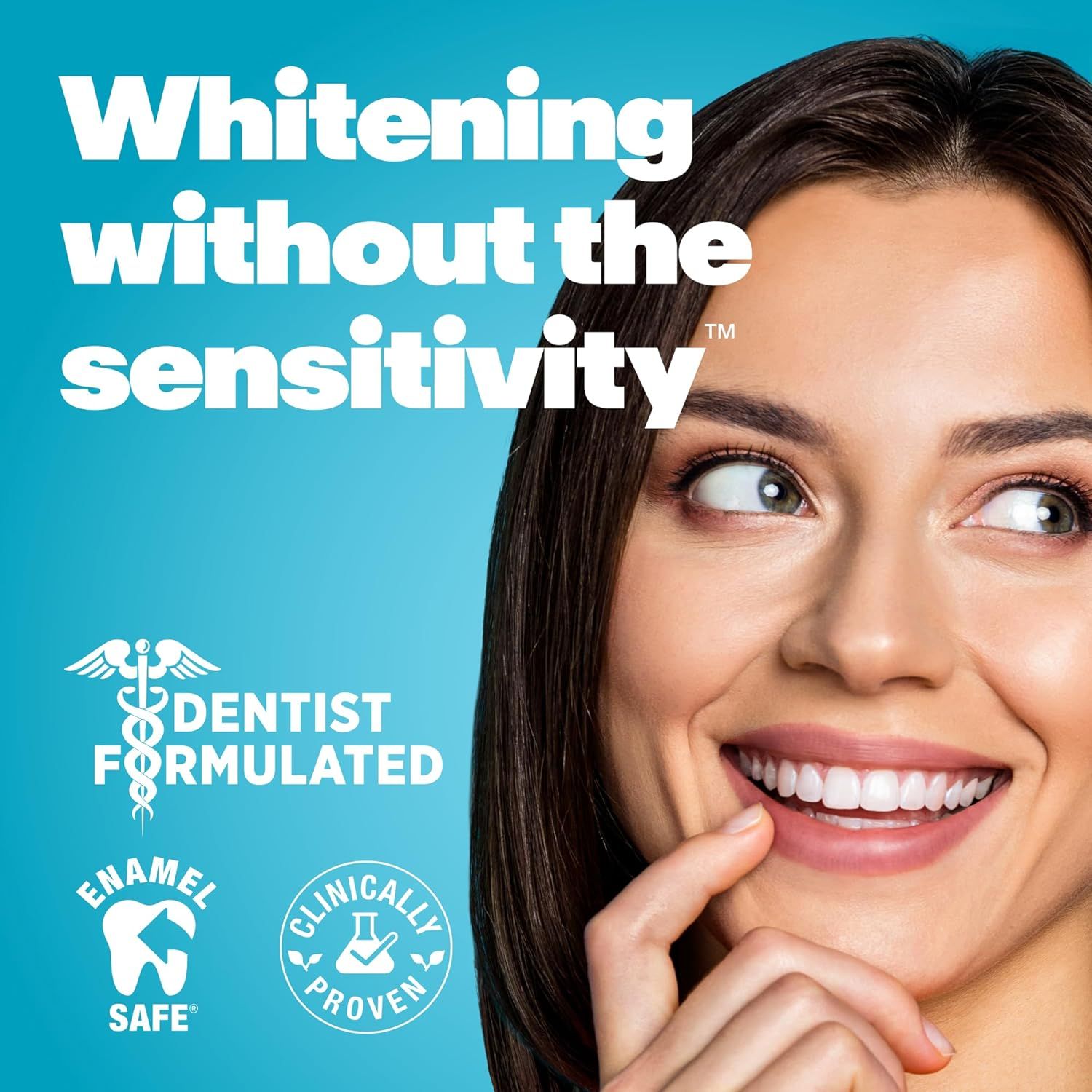 Communicates that the product delivers teeth whitening results without causing sensitivity, reassuring shoppers who may have concerns about discomfort from whitening treatments. Highlights…