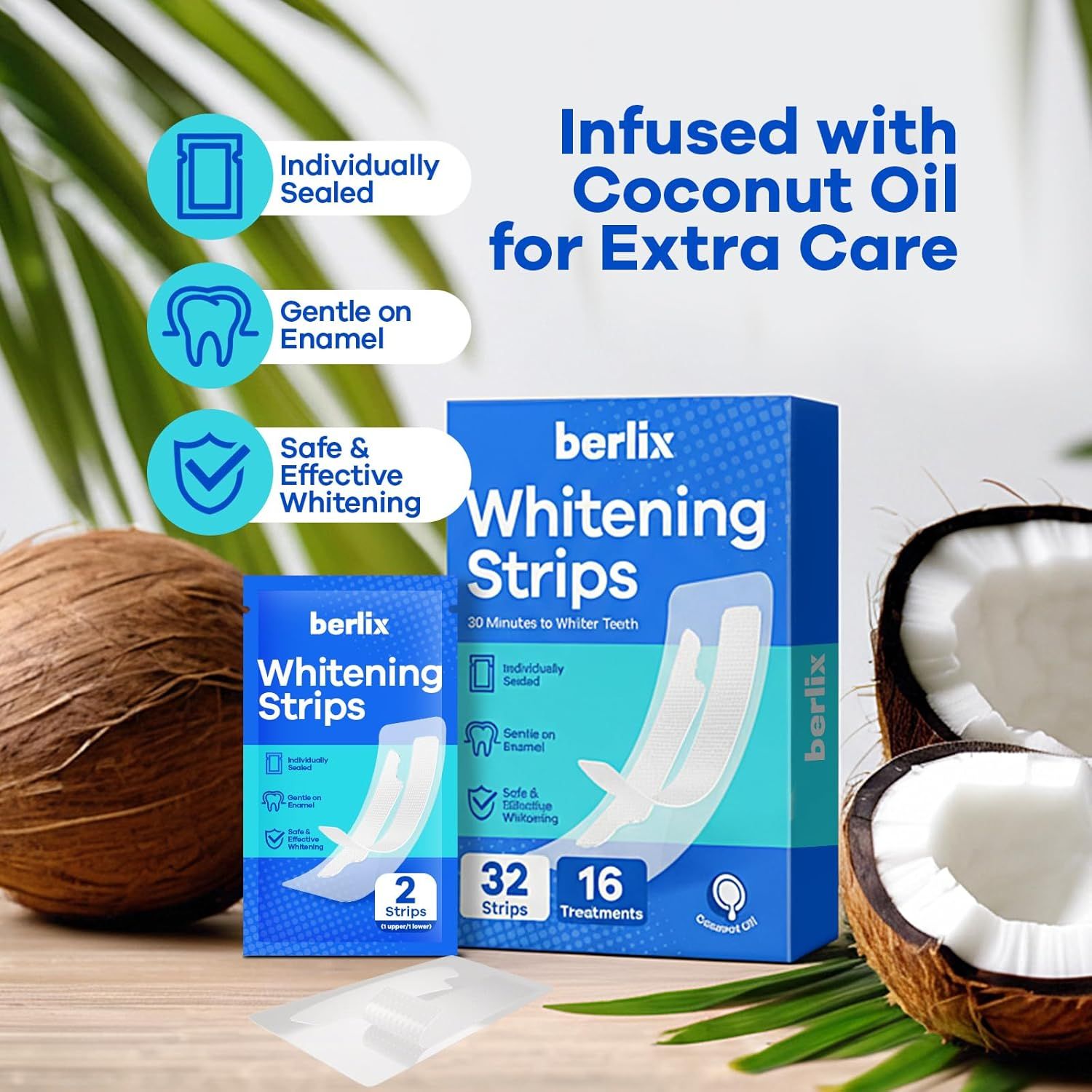 Communicates multiple distinct product benefits in a visually segmented layout to reassure shoppers that the whitening strips are safe, effective, and offer…