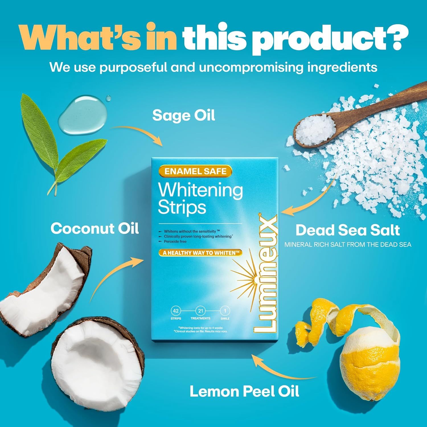 This image communicates the product's ingredient transparency and quality by showcasing multiple natural ingredients (Sage Oil, Coconut Oil, Dead Sea Salt,…