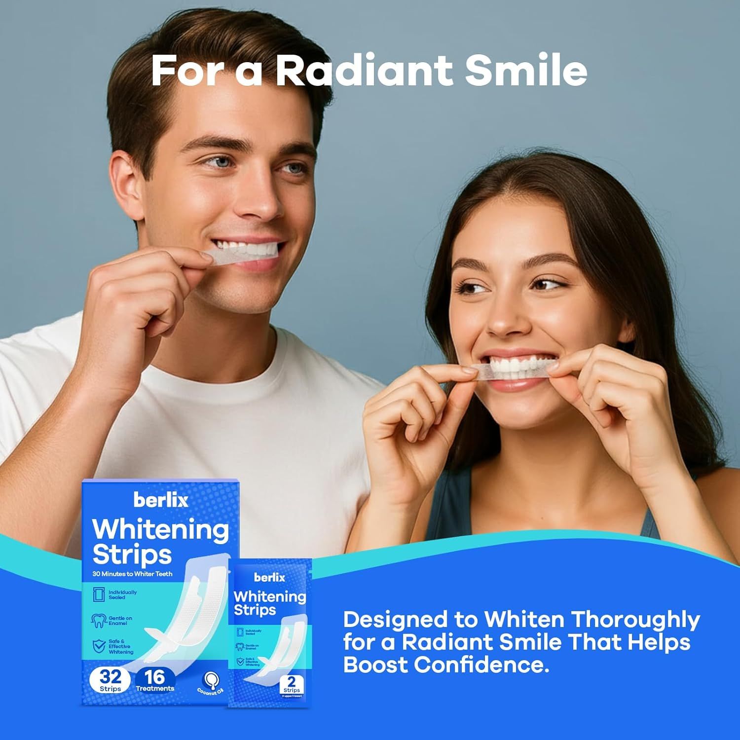 Communicates the primary benefit of achieving a radiant, whiter smile that boosts confidence, showing the product in use with a simple, unified lifestyle…