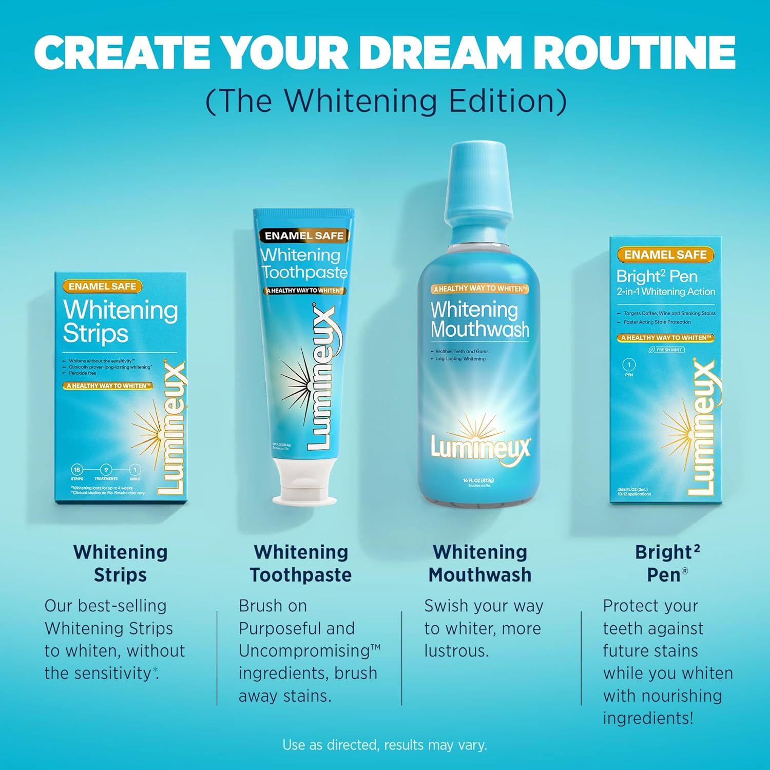 Showcases the brand's complete whitening product lineup to help shoppers understand the full range of options available and how they work together as a system.