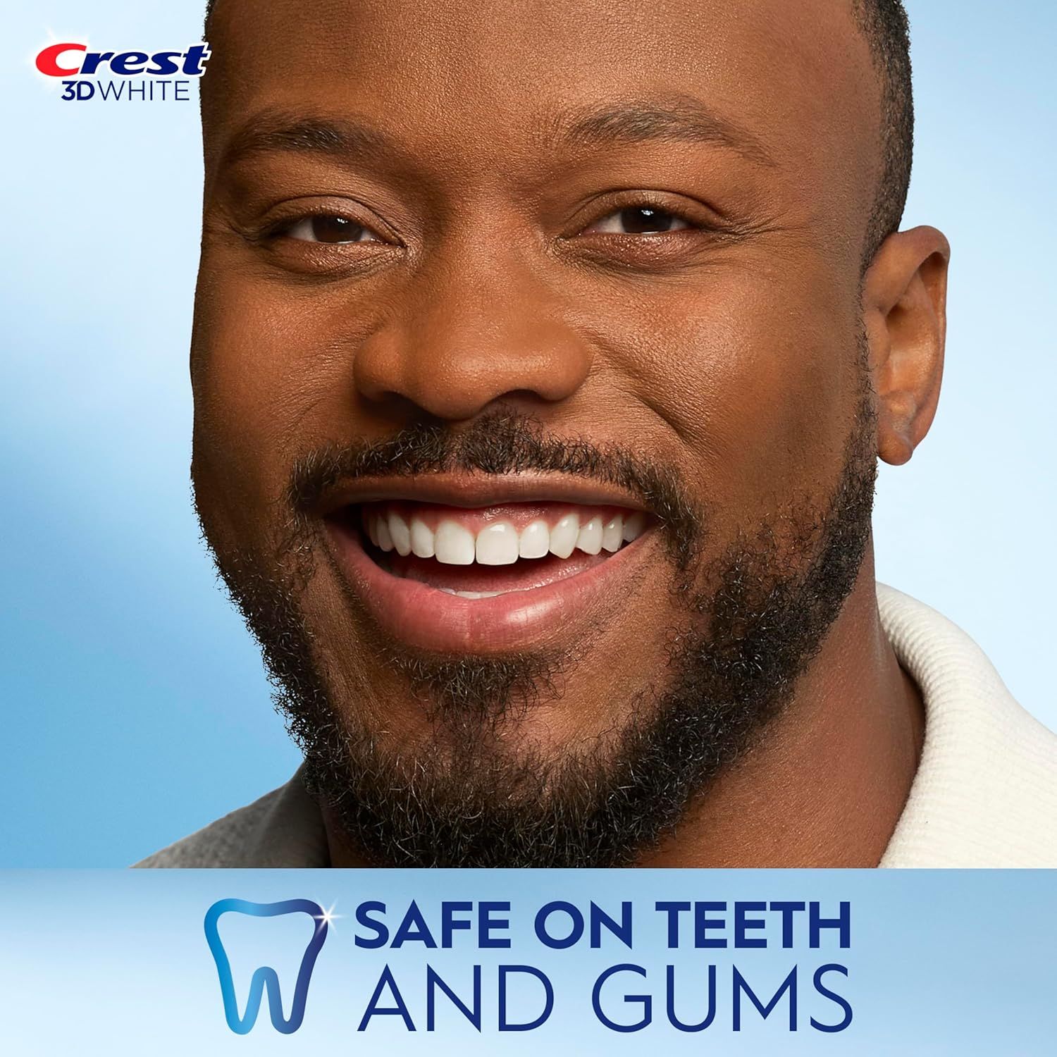 Reassures shoppers that the Crest 3D White product is gentle and safe for use on teeth and gums, addressing potential concerns about whitening product sensitivity or harm. Communicates the key…