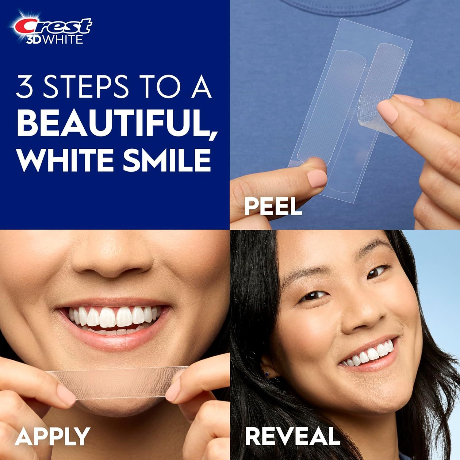 Demonstrates the simple 3-step process (Peel, Apply, Reveal) for using Crest 3D White whitening strips to achieve a beautiful white smile, making the product easy to understand and use.