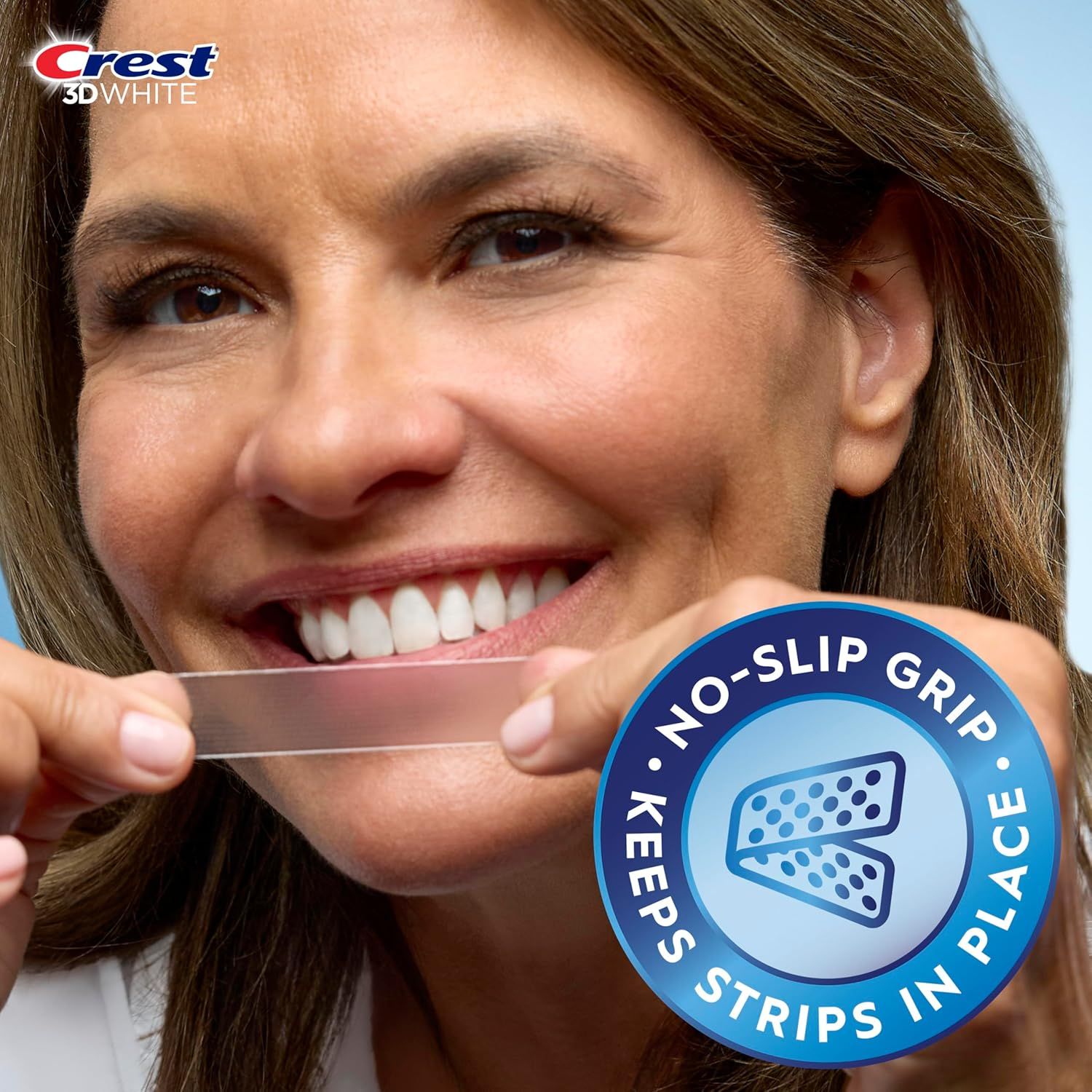 Communicates that the whitening strips stay securely in place during use, addressing a common pain point with competing products and reassuring shoppers of…