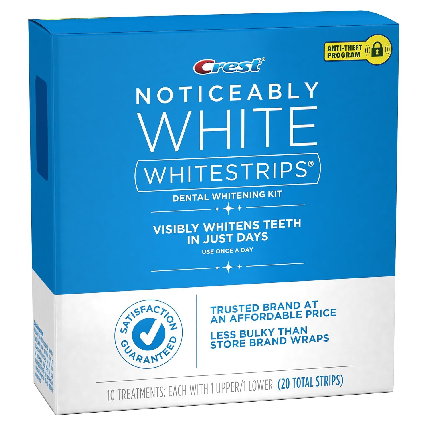 Communicates multiple selling benefits including visible whitening in days, trusted brand at affordable price, less bulky design than competitors, and satisfaction guarantee to build confidence in…