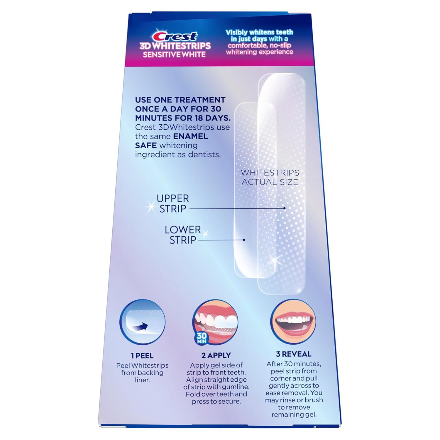 Provides clear step-by-step instructions on how to apply the whitening strips, reassuring shoppers that the product is easy to use correctly. Shows the physical components of the whitening strips…