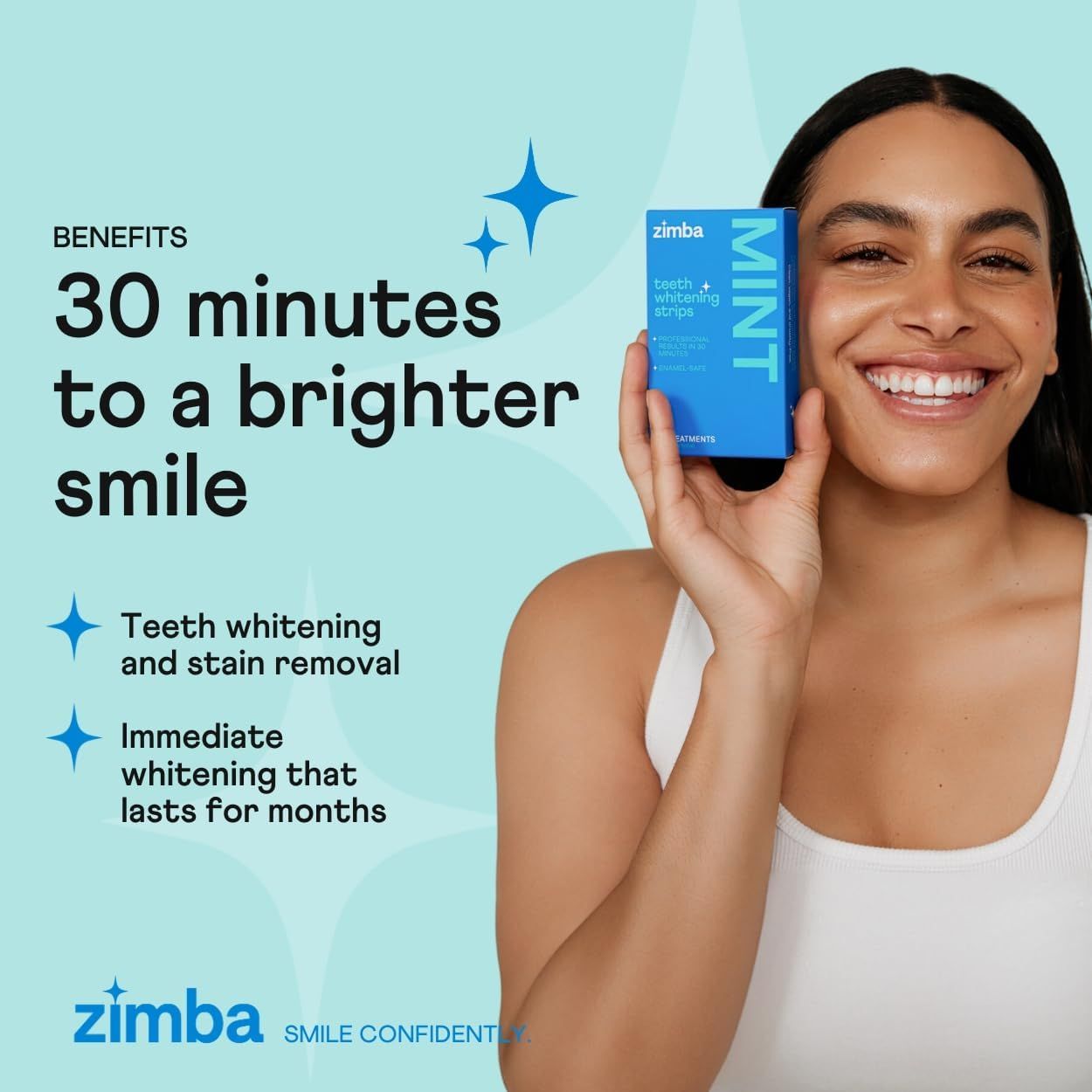 Communicates multiple distinct benefits of the teeth whitening product: speed of results, whitening effectiveness, and duration of results to convince…