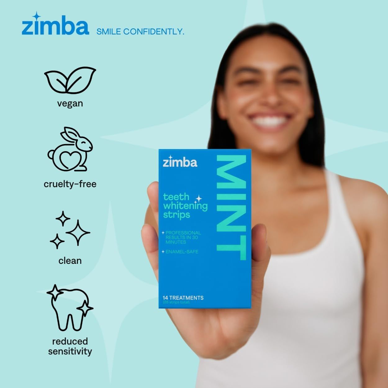 Communicates multiple product benefits in a visually segmented layout to reassure shoppers that the teeth whitening strips are ethical, safe, and gentle on…