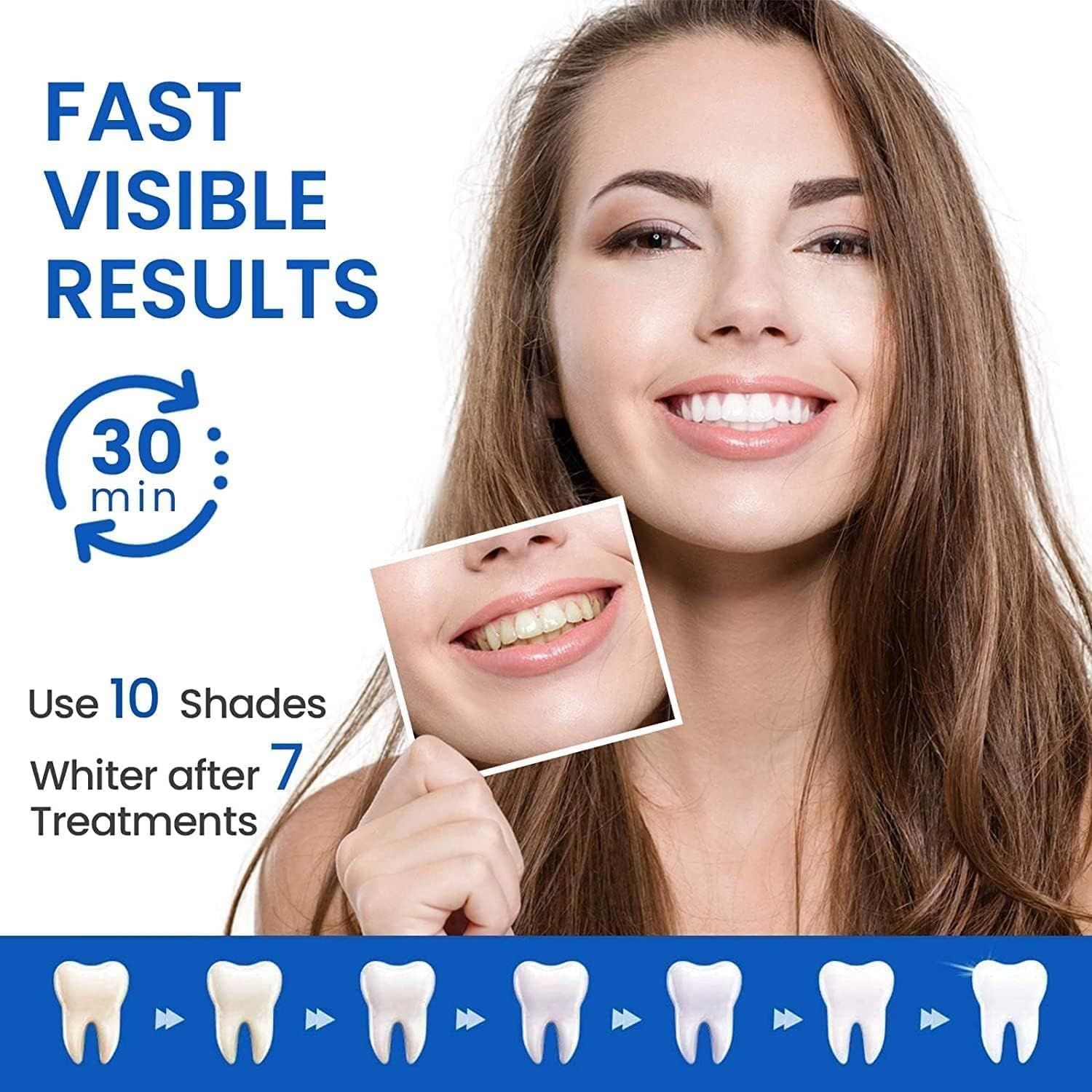 Demonstrates the visible transformation from yellowed teeth to whiter teeth after using the product, proving effectiveness and speed of results. Communicates quantifiable performance claims about…