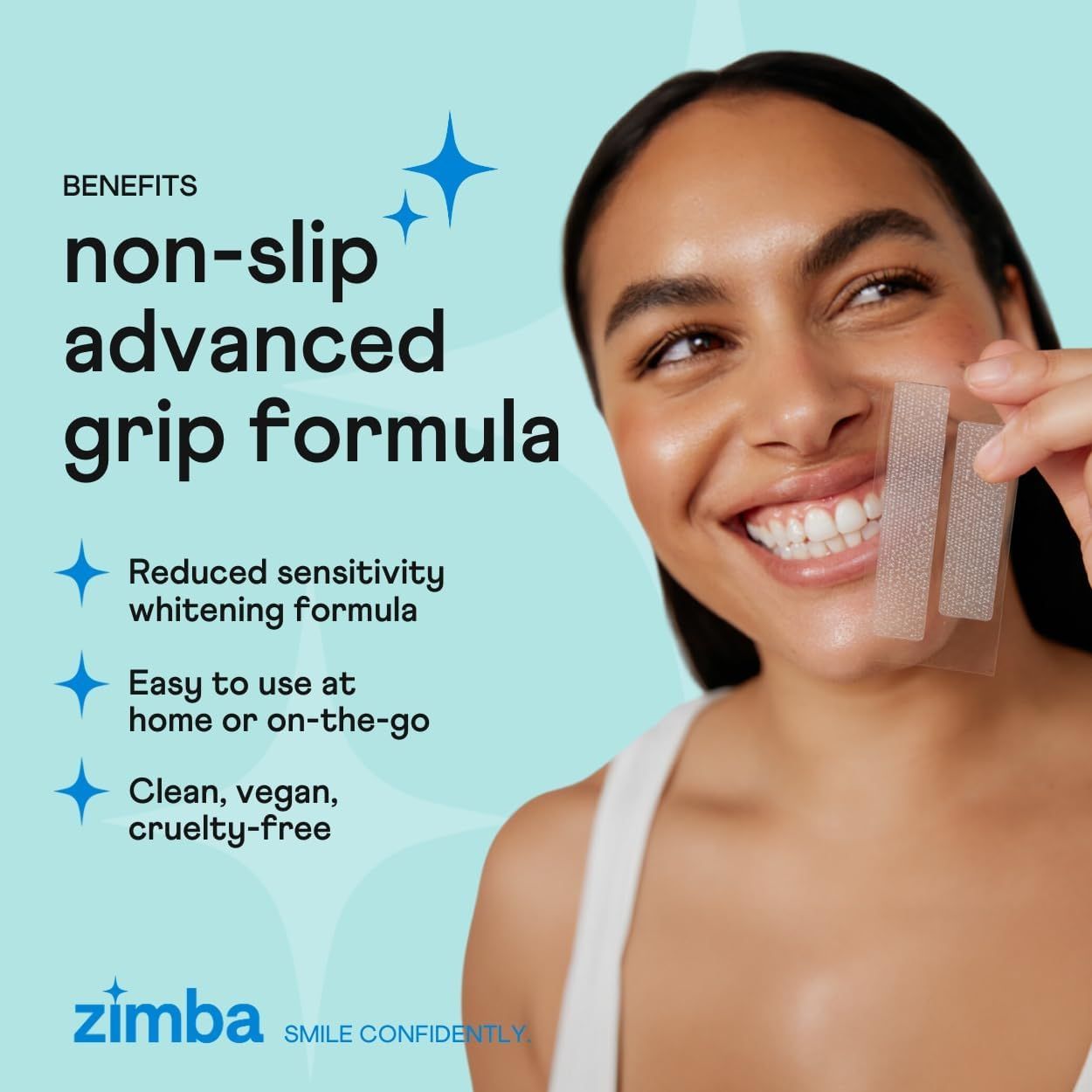 Communicates multiple distinct benefits of the whitening strips in a bulleted list format to reassure shoppers about grip, sensitivity, convenience, and…