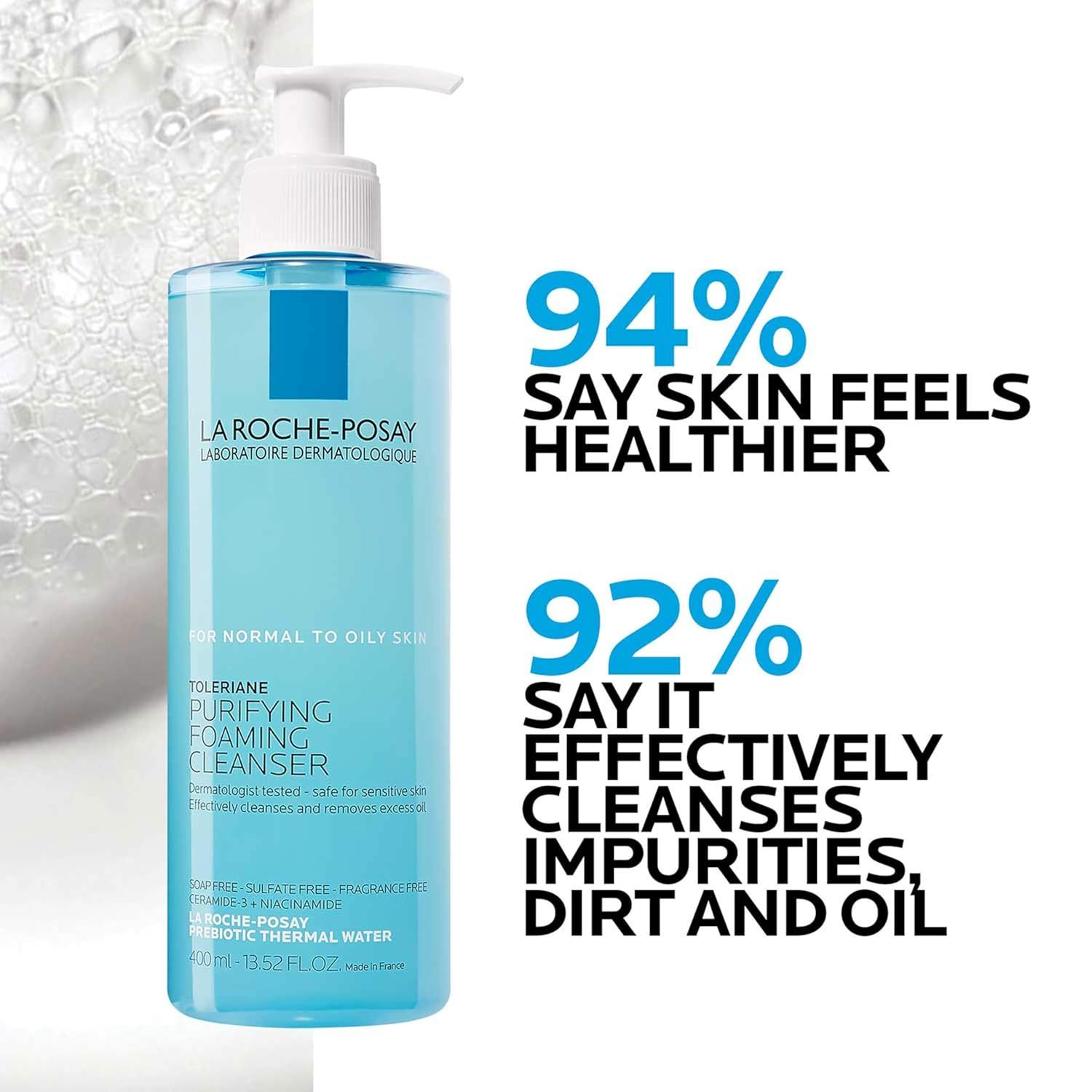Communicates product effectiveness through bold customer satisfaction percentages (94% and 92%) to build trust and demonstrate proven results for skin health and cleansing performance. Highlights…
