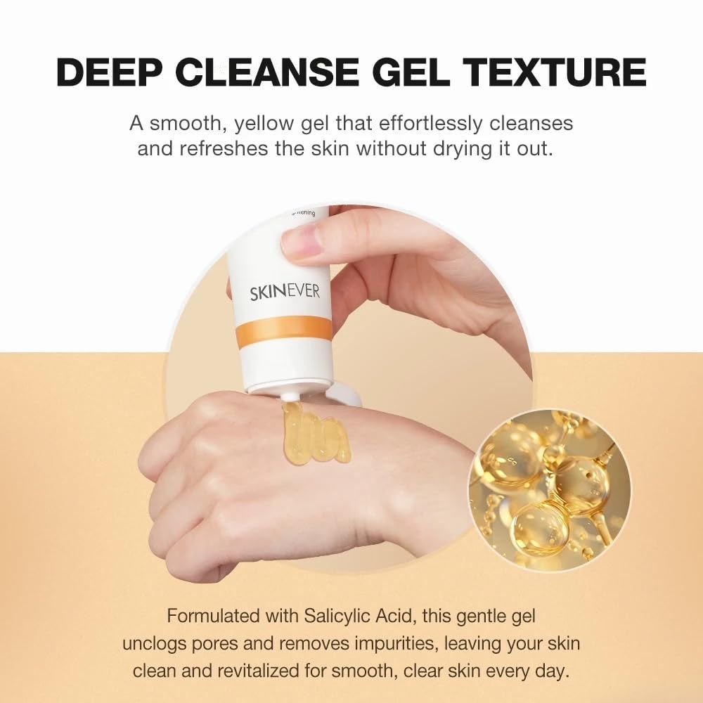 Highlights the product's smooth gel texture and key benefit of deep cleansing without drying, reassuring shoppers about the gentle yet effective formula with salicylic acid.