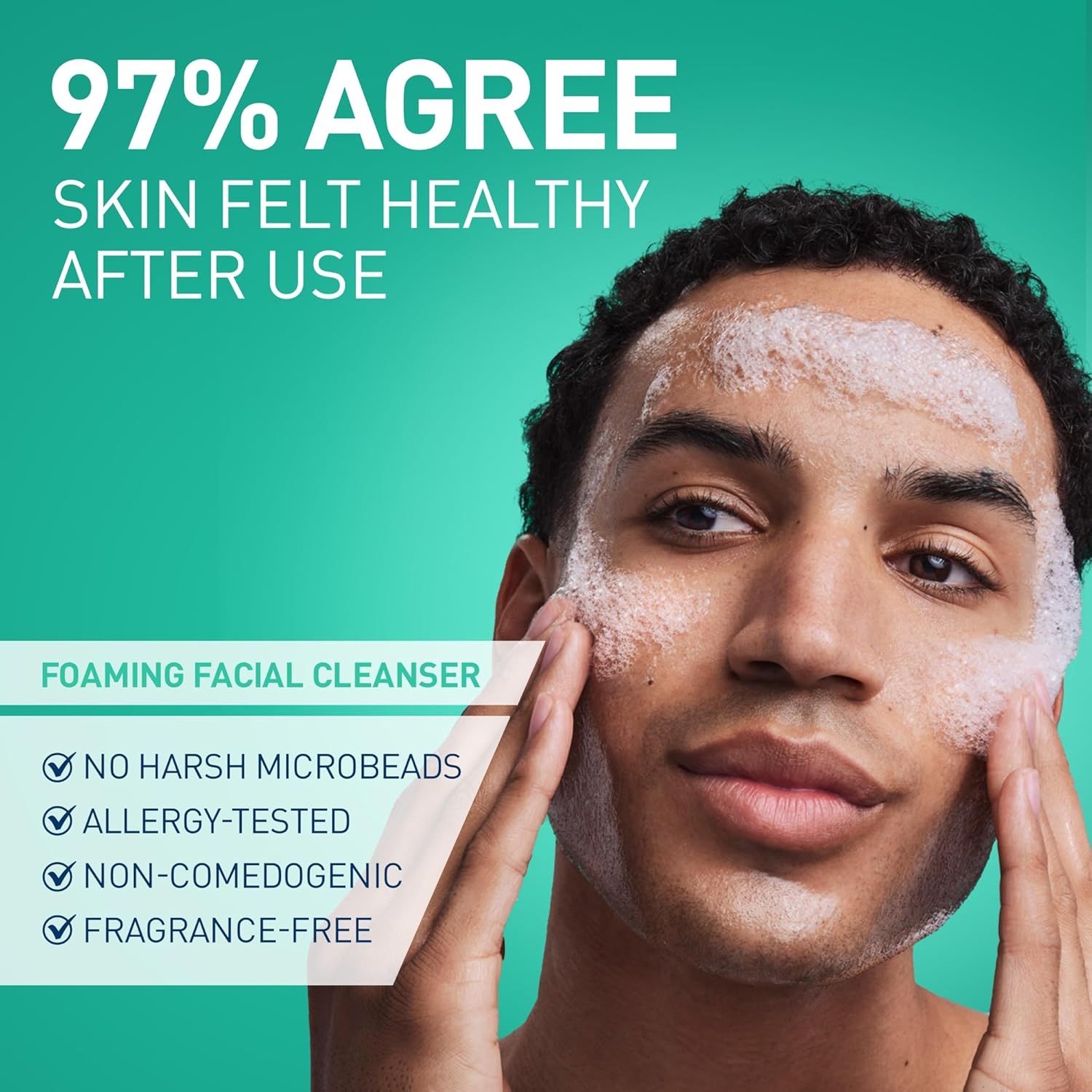 Communicates a quantifiable customer satisfaction stat (97% agree skin felt healthy) to build confidence in the product's effectiveness and gentleness. Highlights multiple safety and gentleness…