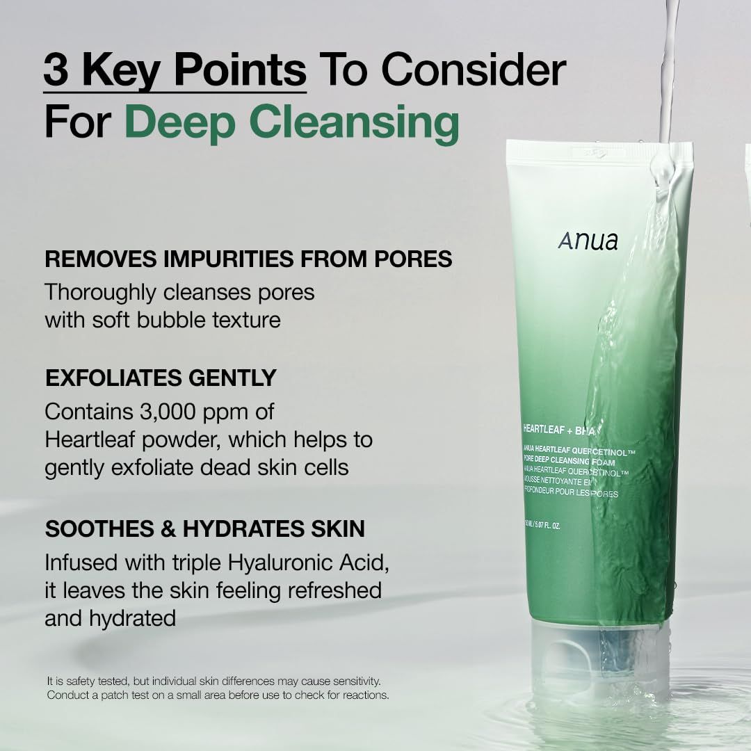 Communicates three distinct benefits of the deep cleansing product: removing impurities from pores, gently exfoliating dead skin cells, and hydrating the skin with hyaluronic acid.