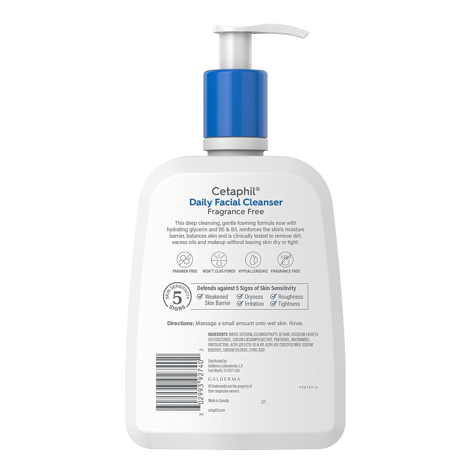 Provides a clean, catalog-style view of the Cetaphil Daily Facial Cleanser bottle showing the product packaging, pump dispenser, and all label information for shopper reference.
