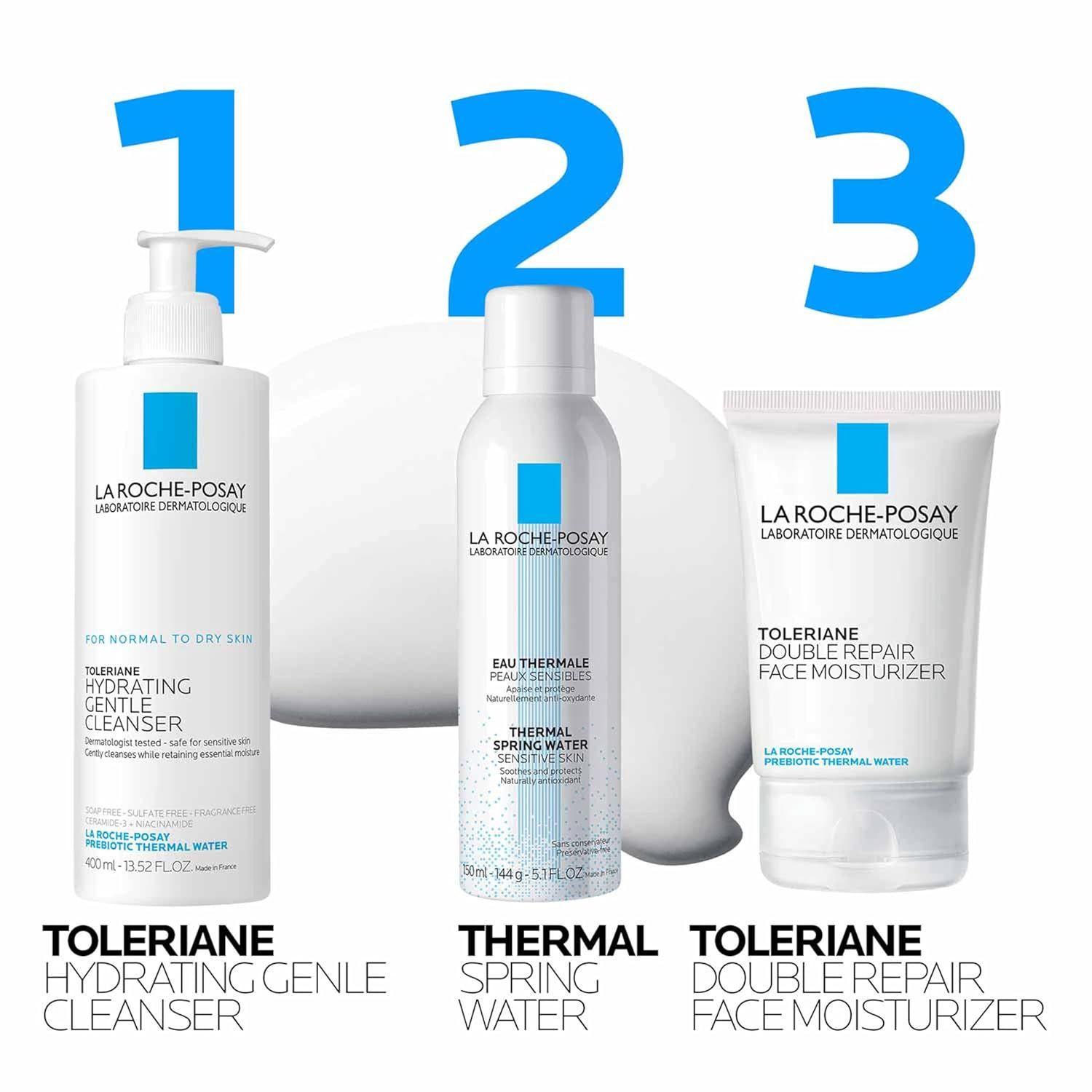 Demonstrates a simple 3-step skincare regimen using La Roche-Posay products (cleanse, tone, moisturize) to guide shoppers through proper product usage and encourage multi-product purchase.