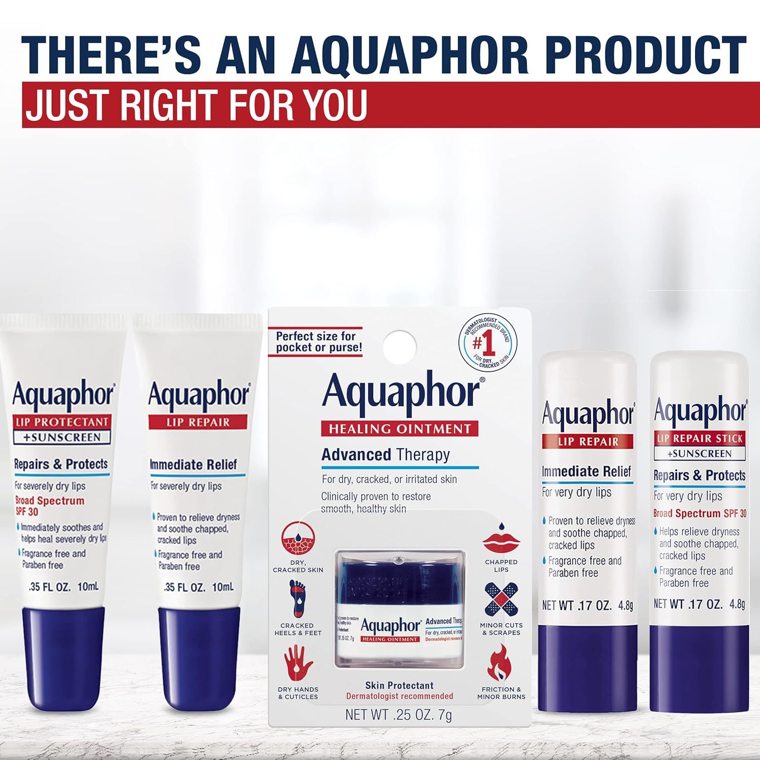 Displays the Aquaphor product portfolio to help shoppers understand the range of options available and choose the right product for their specific needs.