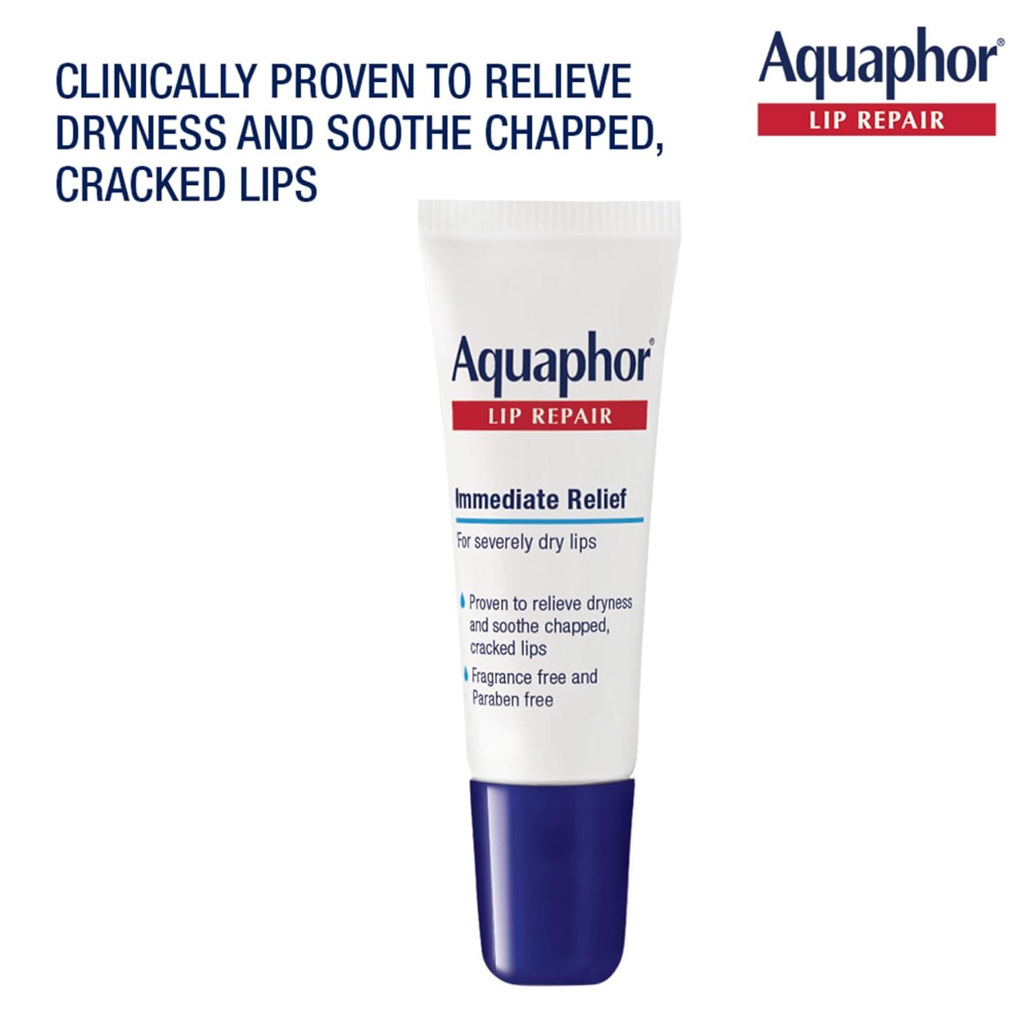 Communicates the primary benefit of the product—clinically proven relief for severely dry, chapped, and cracked lips—to reassure shoppers of its effectiveness.