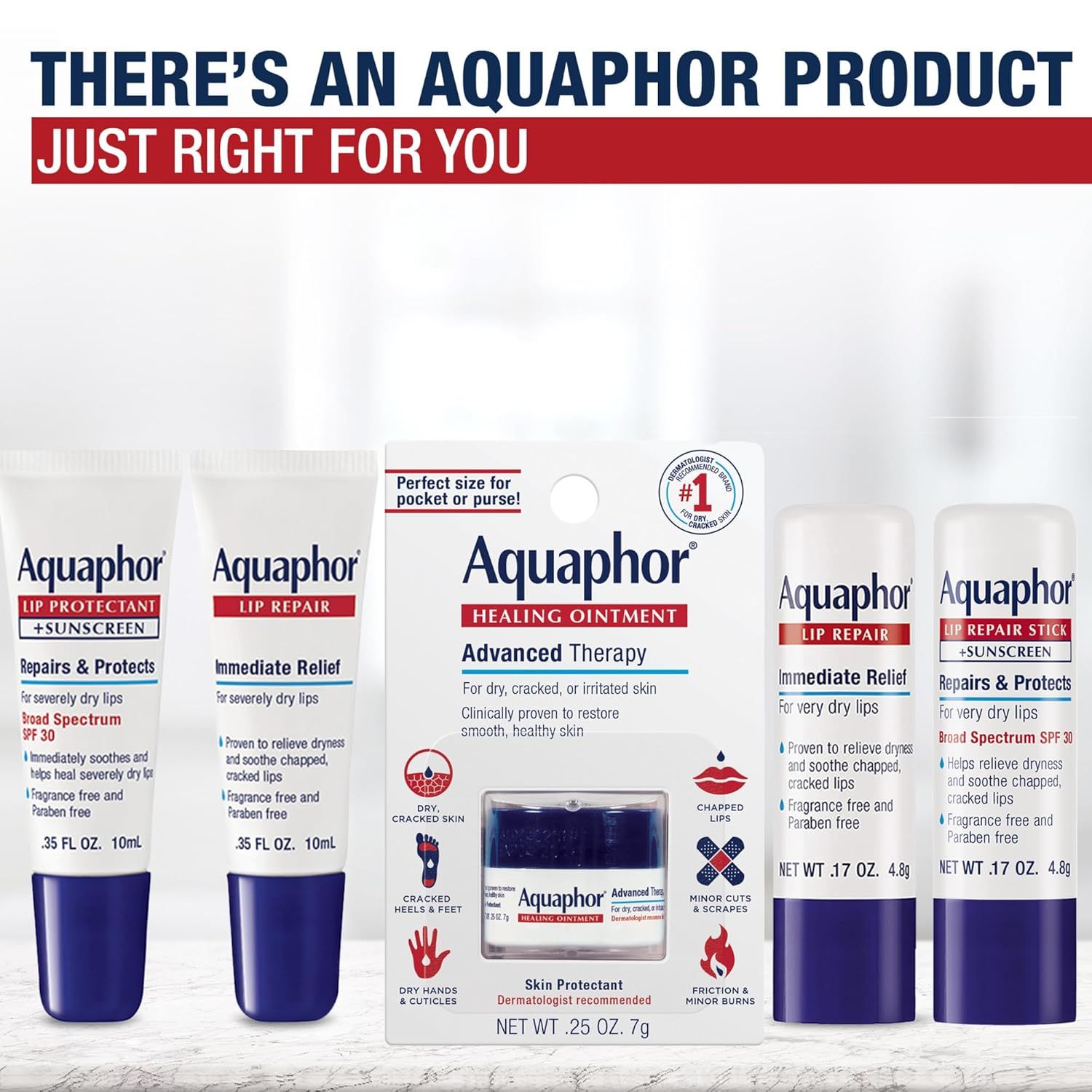Displays the Aquaphor product portfolio to help shoppers understand the range of options available and choose the right product for their specific needs.