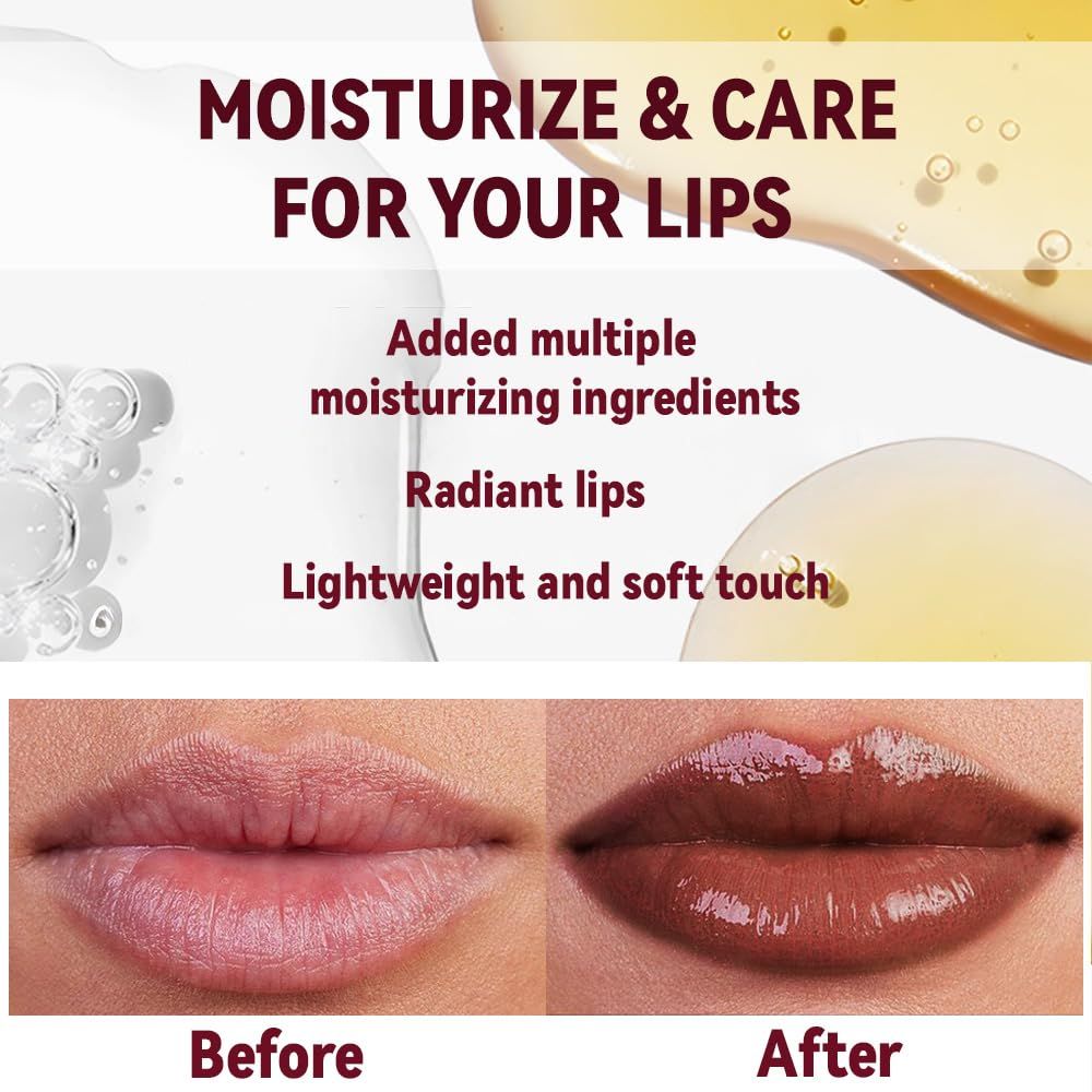 Demonstrates the transformative effect of the lip product, showing how it moisturizes and enhances lip appearance from dry to radiant and glossy. Highlights three distinct product benefits in a…