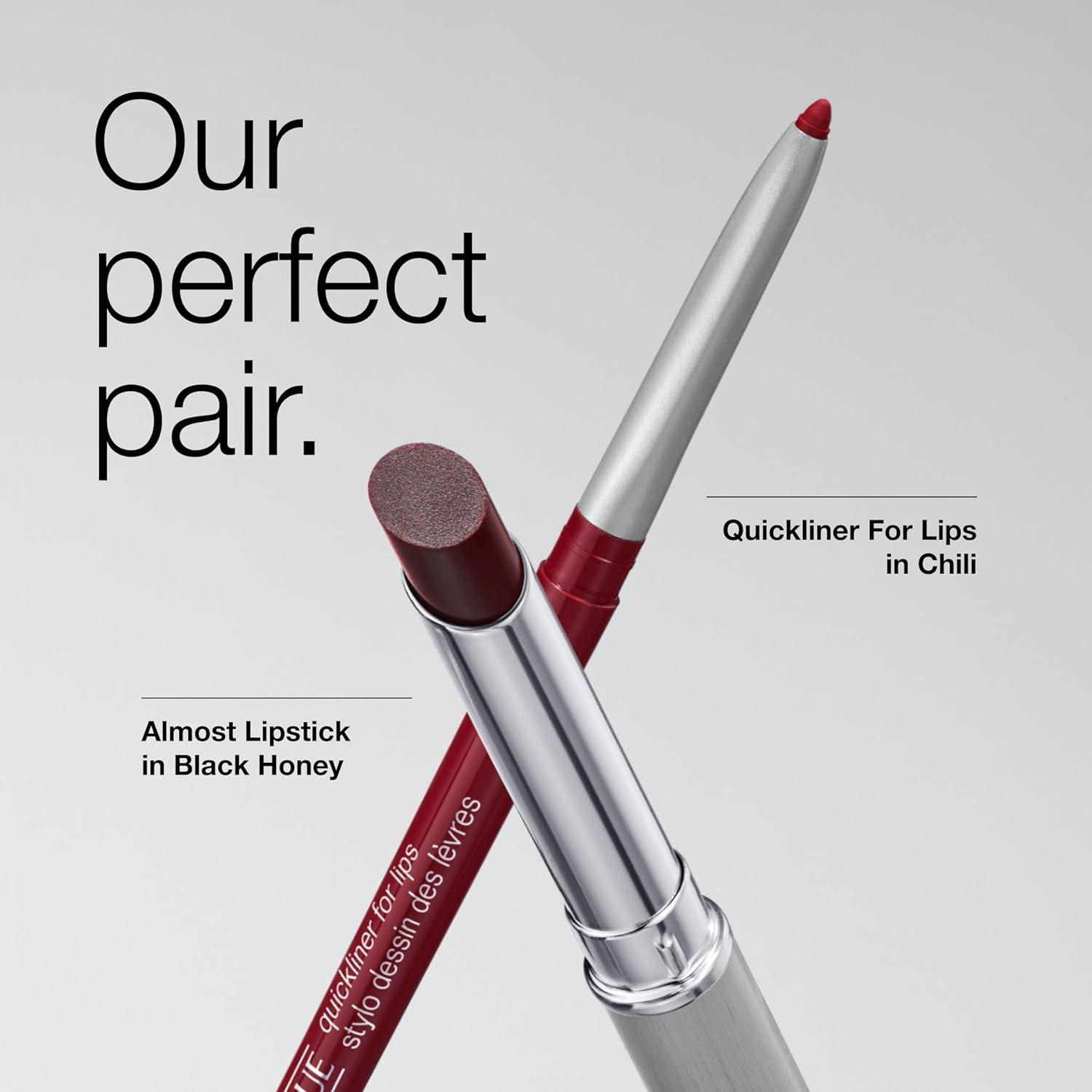 Showcases two complementary products from the brand's makeup line (lipstick and lip liner) in coordinating shades, helping shoppers understand the brand's product pairing options and color offerings.