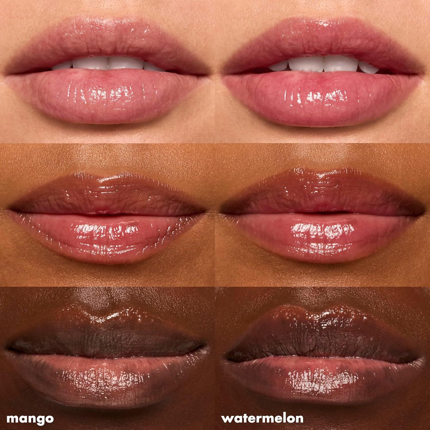 Demonstrates how two different shades of the same product line (mango and watermelon) appear on various skin tones, helping shoppers choose the right shade for themselves.