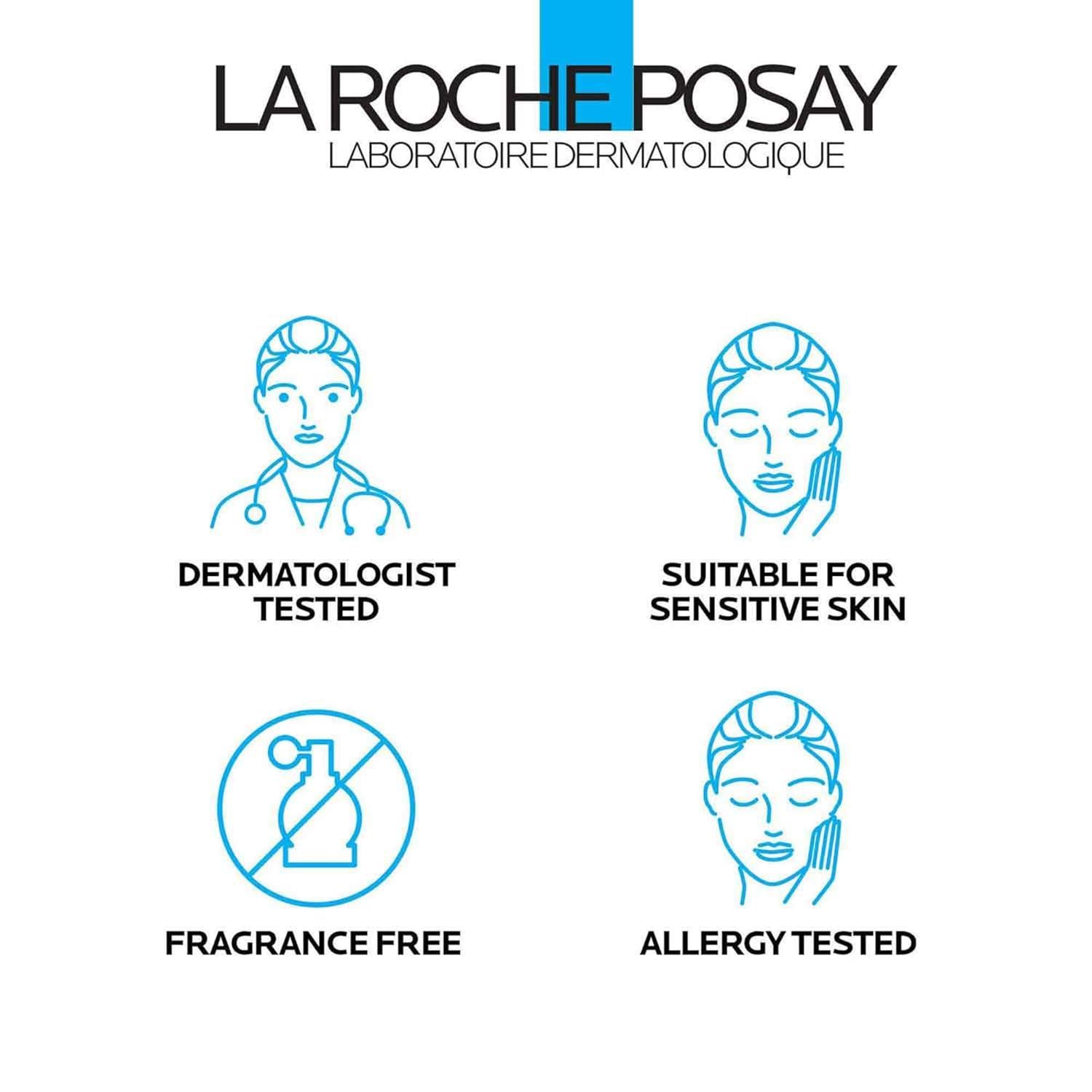 Communicates multiple product benefits in a segmented layout to reassure shoppers that the product is safe, gentle, and professionally validated for sensitive skin.
