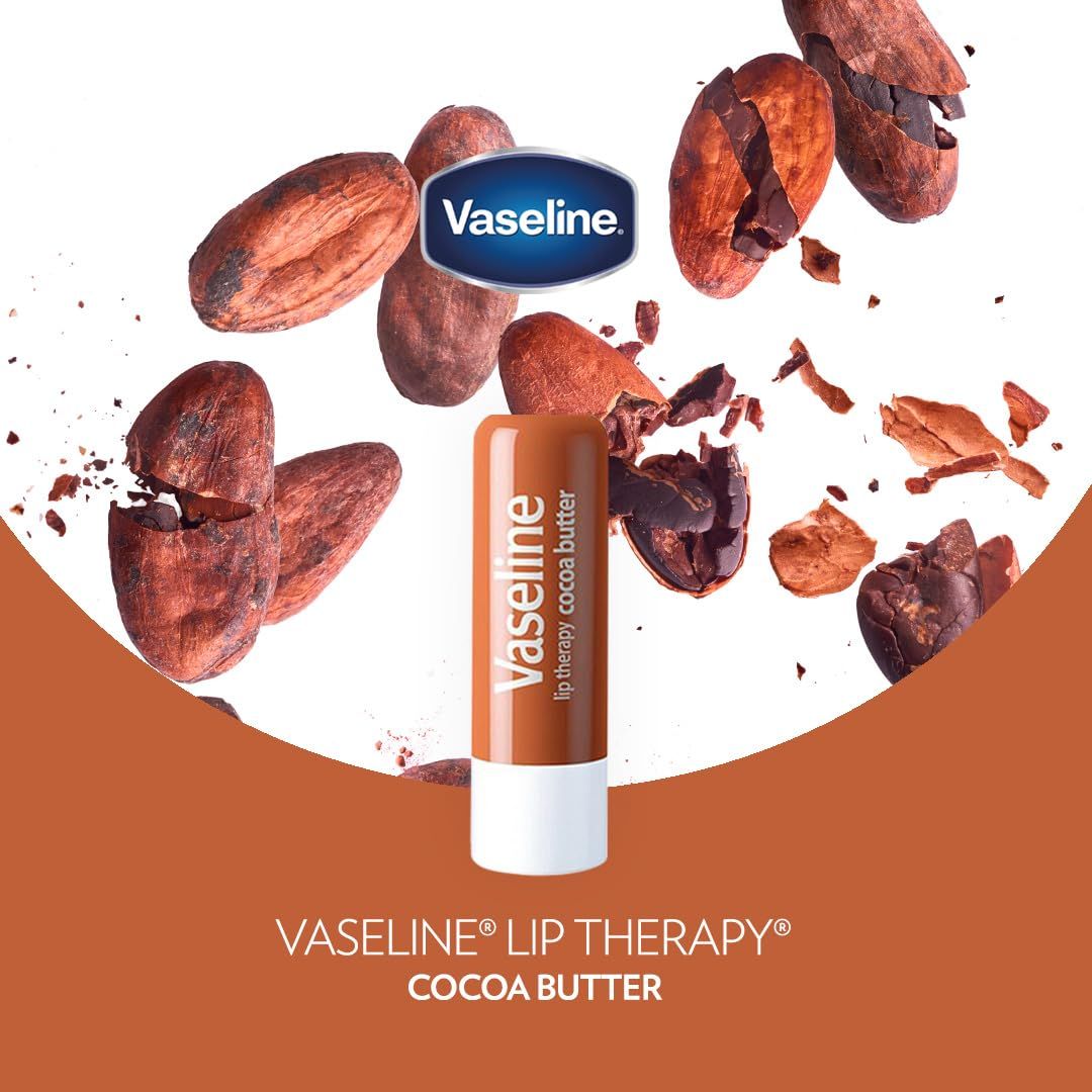 Highlights the cocoa butter flavor variant of the Vaseline Lip Therapy product, using visual cocoa pod imagery to reinforce the natural ingredient and appeal to shoppers seeking this specific flavor.