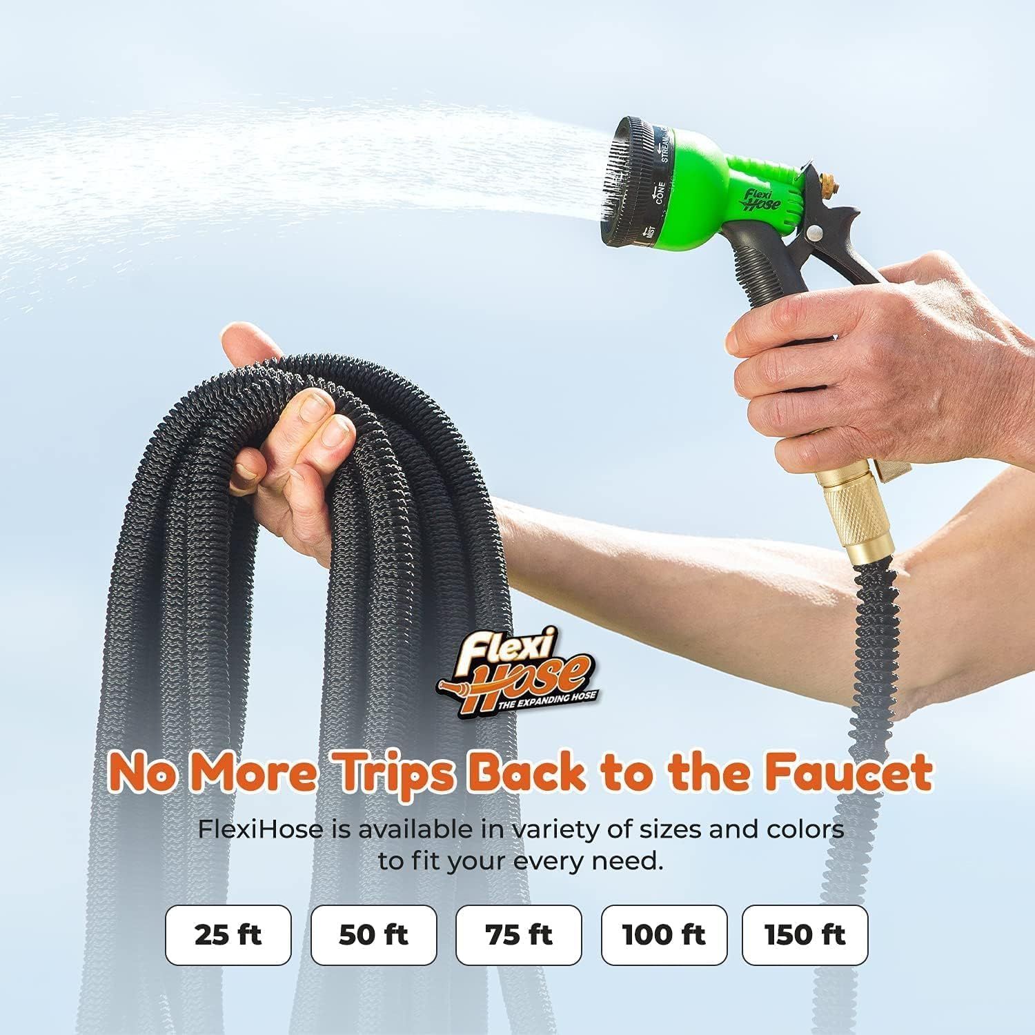 Communicates that the FlexiHose expandable hose is available in multiple length options (25 ft, 50 ft, 75 ft, 100 ft, 150 ft) to fit different customer needs and yard sizes. Highlights the key…