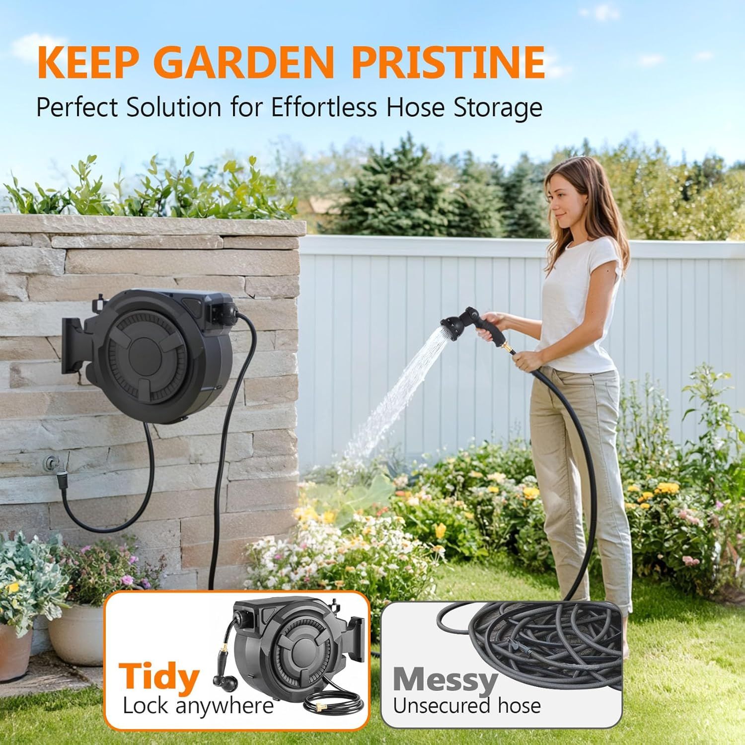 Demonstrates the product's superior hose storage solution by comparing the tidy, wall-mounted retractable hose reel against a messy, unsecured traditional hose to show why this product keeps gardens…