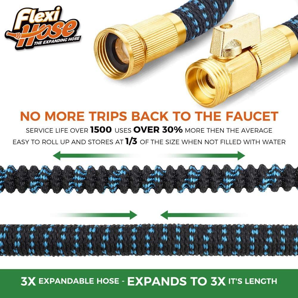 Communicates multiple key benefits of the expandable hose: exceptional durability and service life, space-saving compact storage, and 3X expansion capability…