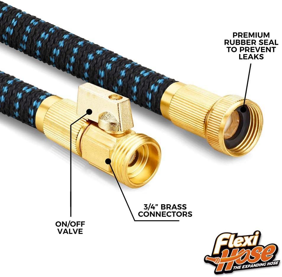 Breaks down the hose's key physical components with labeled callouts to demonstrate quality construction and functional features that prevent leaks and provide control.