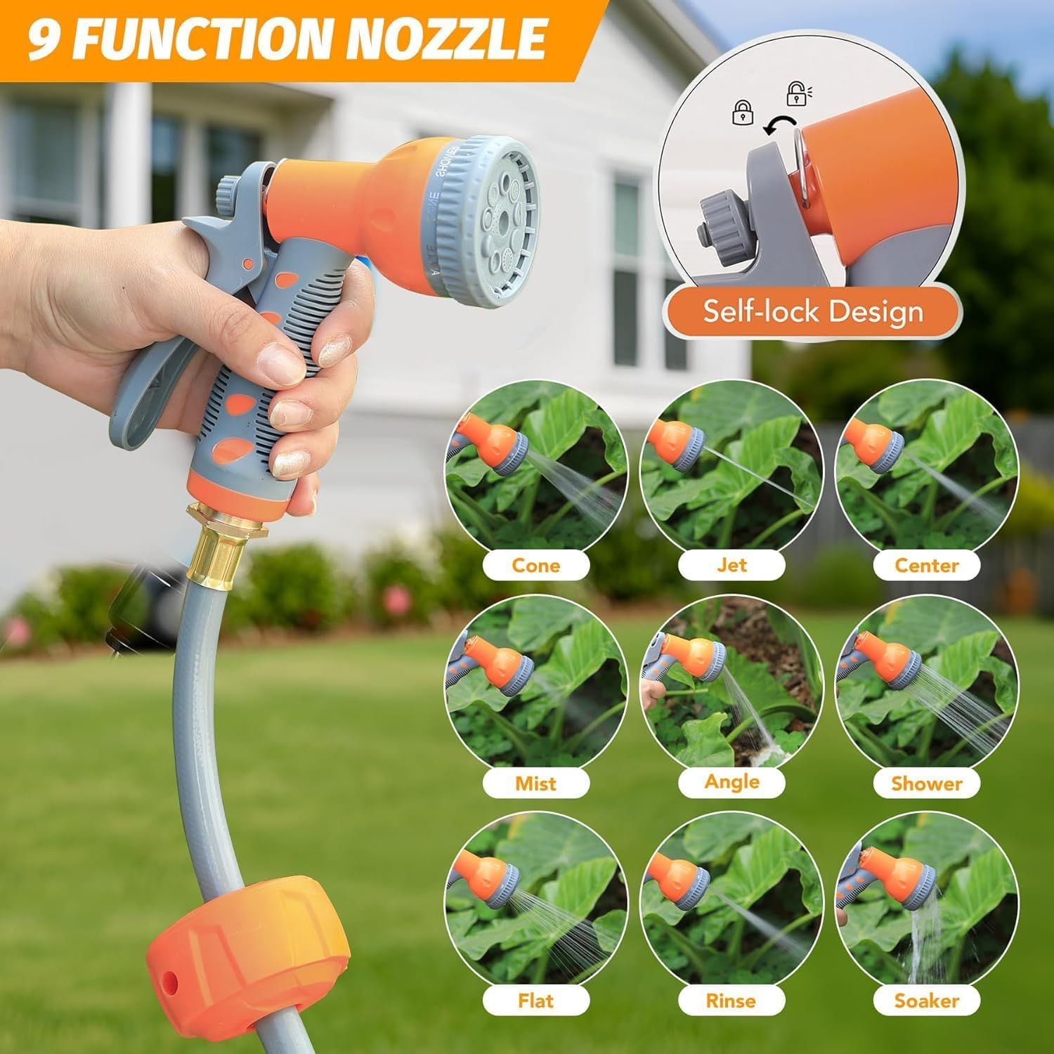 Demonstrates the versatility and functionality of the garden hose nozzle by showcasing its 9 different spray patterns and self-locking feature, helping…