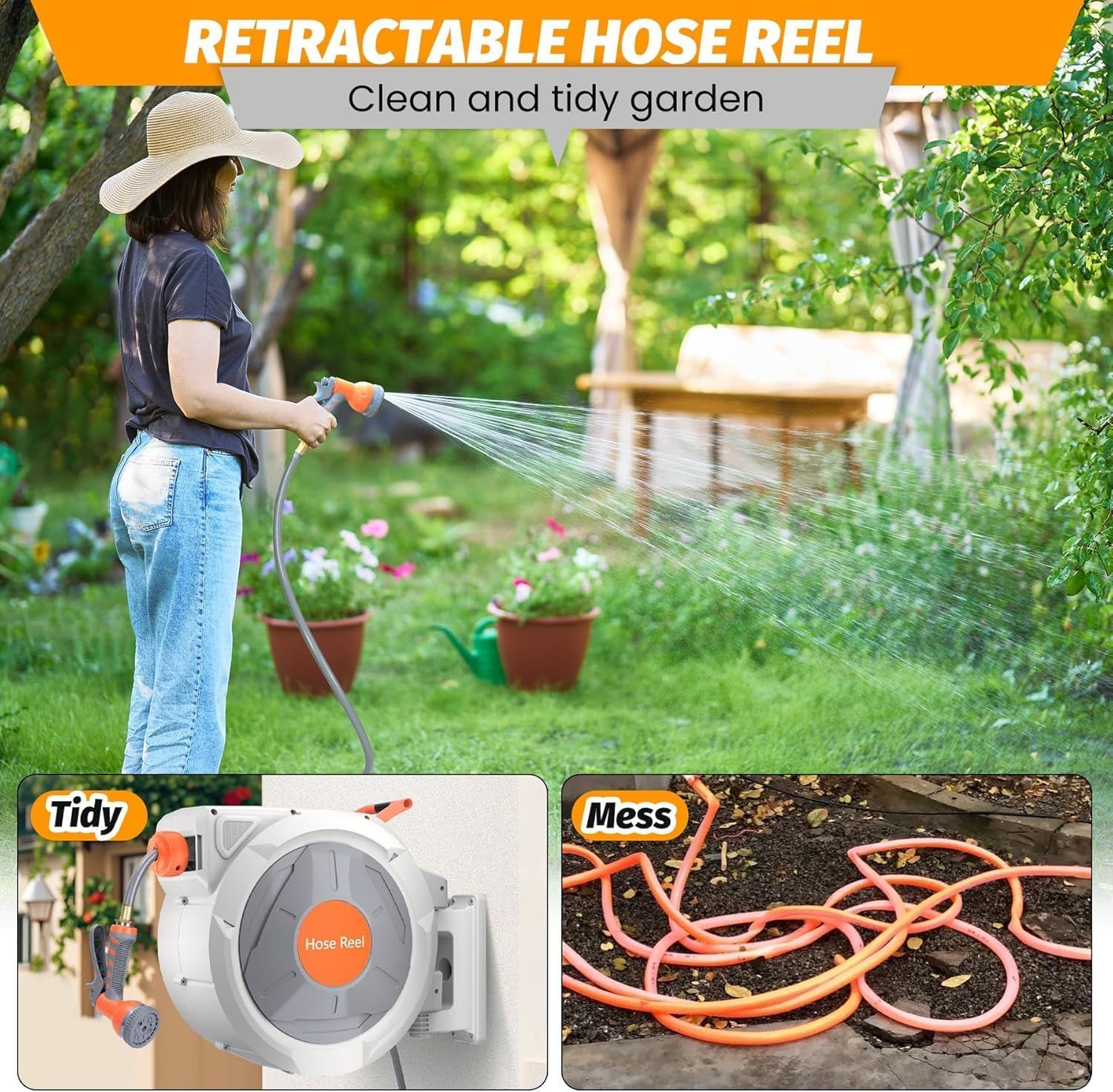Demonstrates the transformation from a messy, tangled hose to a clean, organized garden using the retractable hose reel, proving the product's effectiveness…