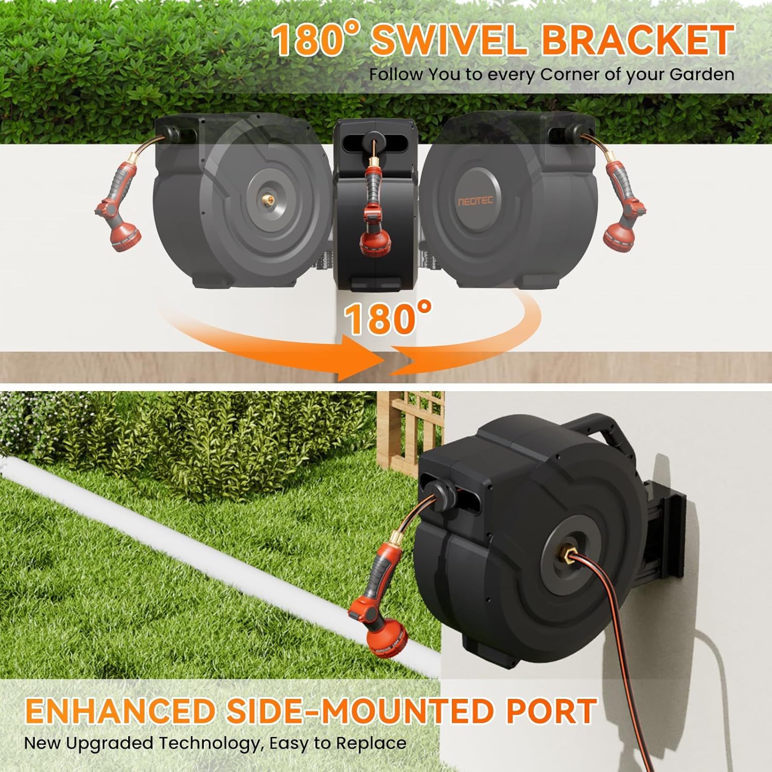Demonstrates two distinct product features: the 180-degree swivel capability for full garden coverage and the upgraded side-mounted port design for easy hose…