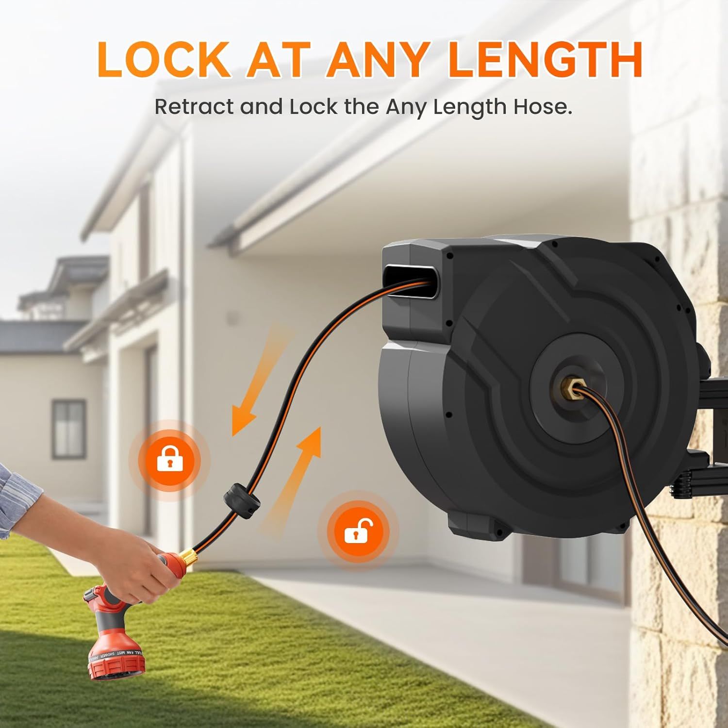 Demonstrates how the retractable hose reel works, showing the user can lock the hose at any desired length for convenient use. Highlights the key benefit of being able to lock the hose at any…