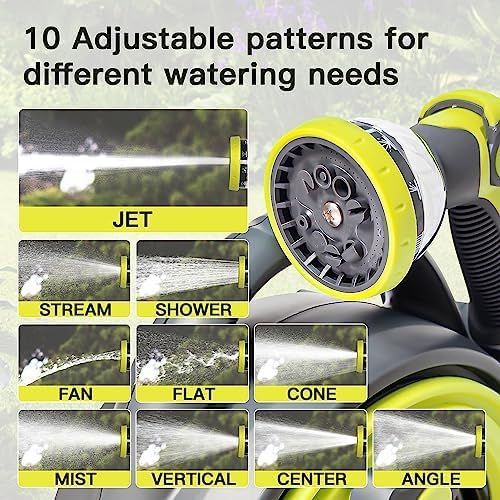Demonstrates the product's versatility by showcasing 10 different spray patterns (Jet, Stream, Shower, Fan, Flat, Cone, Mist, Vertical, Center, Angle) to…