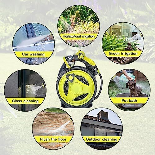 Demonstrates the versatility of the pressure washer by showing seven different use scenarios, reassuring shoppers that this single product can handle multiple cleaning and watering tasks around the…