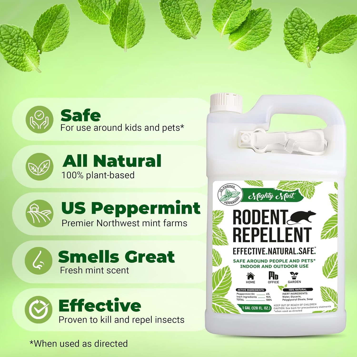 Communicates multiple distinct benefits of the rodent repellent in a segmented layout, emphasizing safety, natural ingredients, sourcing, scent quality, and…