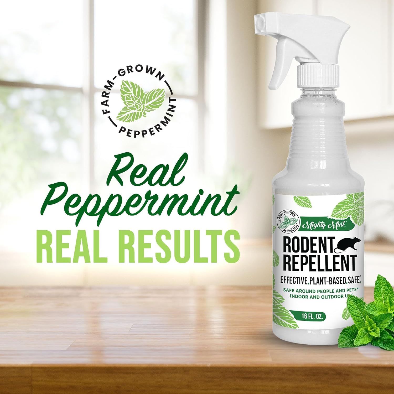 Communicates that the rodent repellent uses real, farm-grown peppermint to deliver effective results, reassuring shoppers about the product's natural…