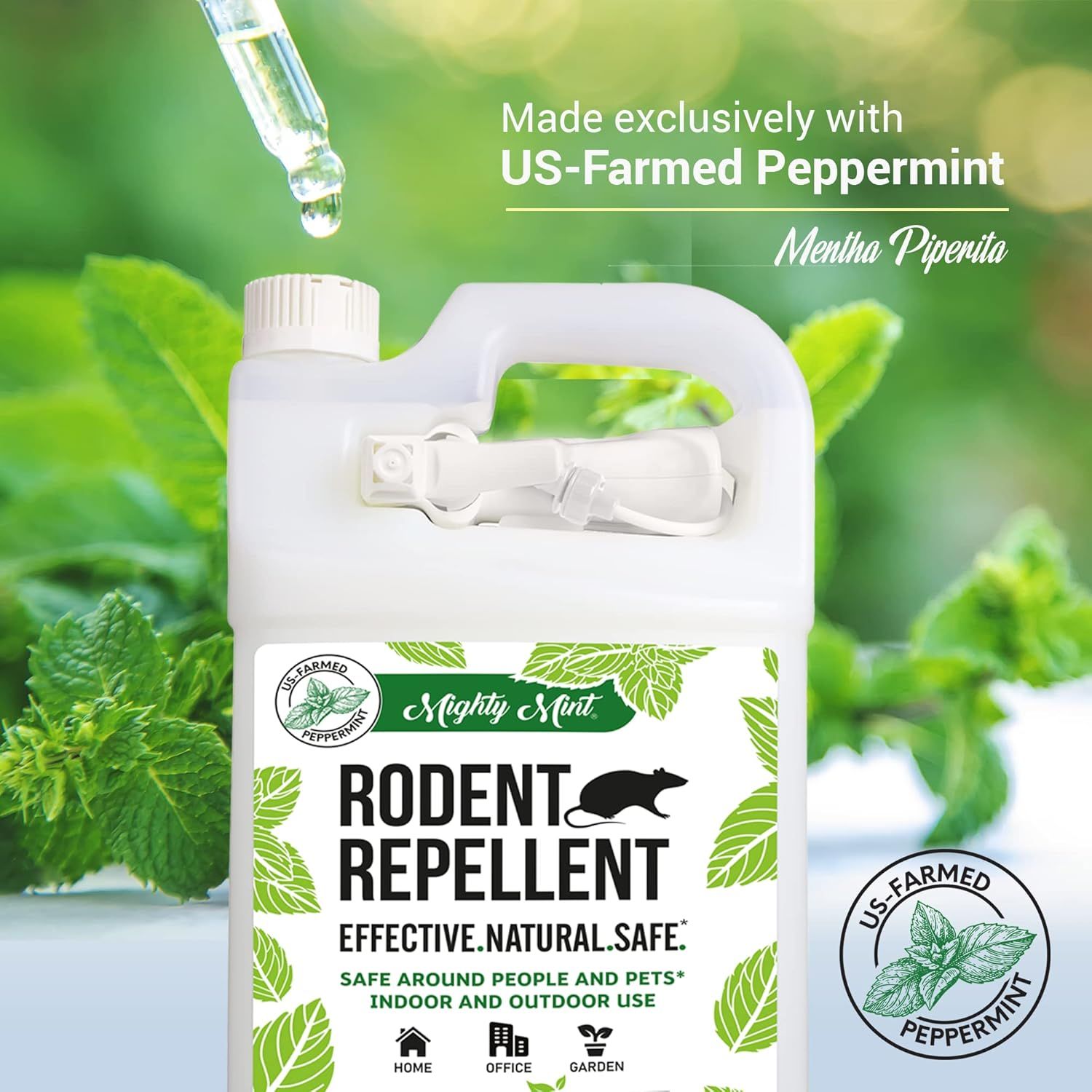Highlights that the rodent repellent is made exclusively with US-farmed peppermint (Mentha Piperita), emphasizing the natural, safe, and locally-sourced…
