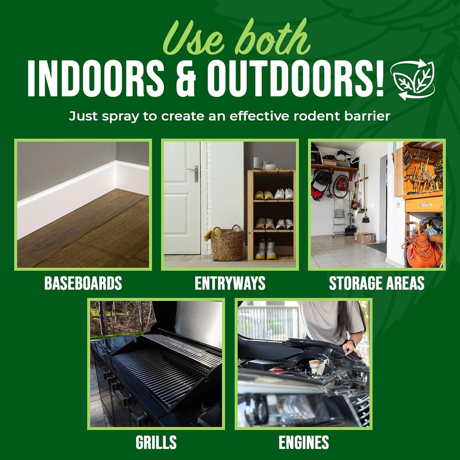 Demonstrates the versatility of the rodent repellent spray by showing five different use cases where it can be applied, both indoors (baseboards, entryways,…
