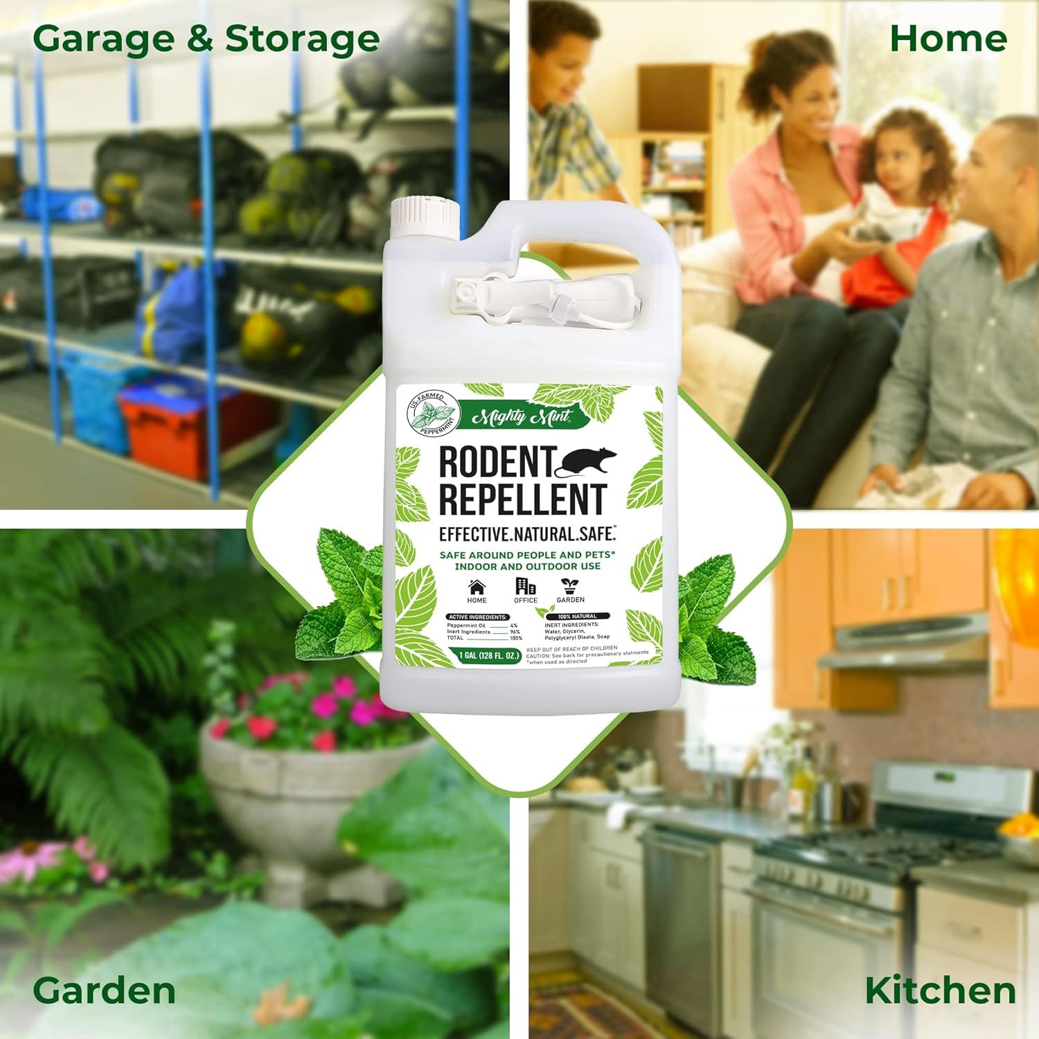 Demonstrates the versatility of the rodent repellent by showing it can be used in multiple environments—garage, home living areas, garden, and kitchen—to…