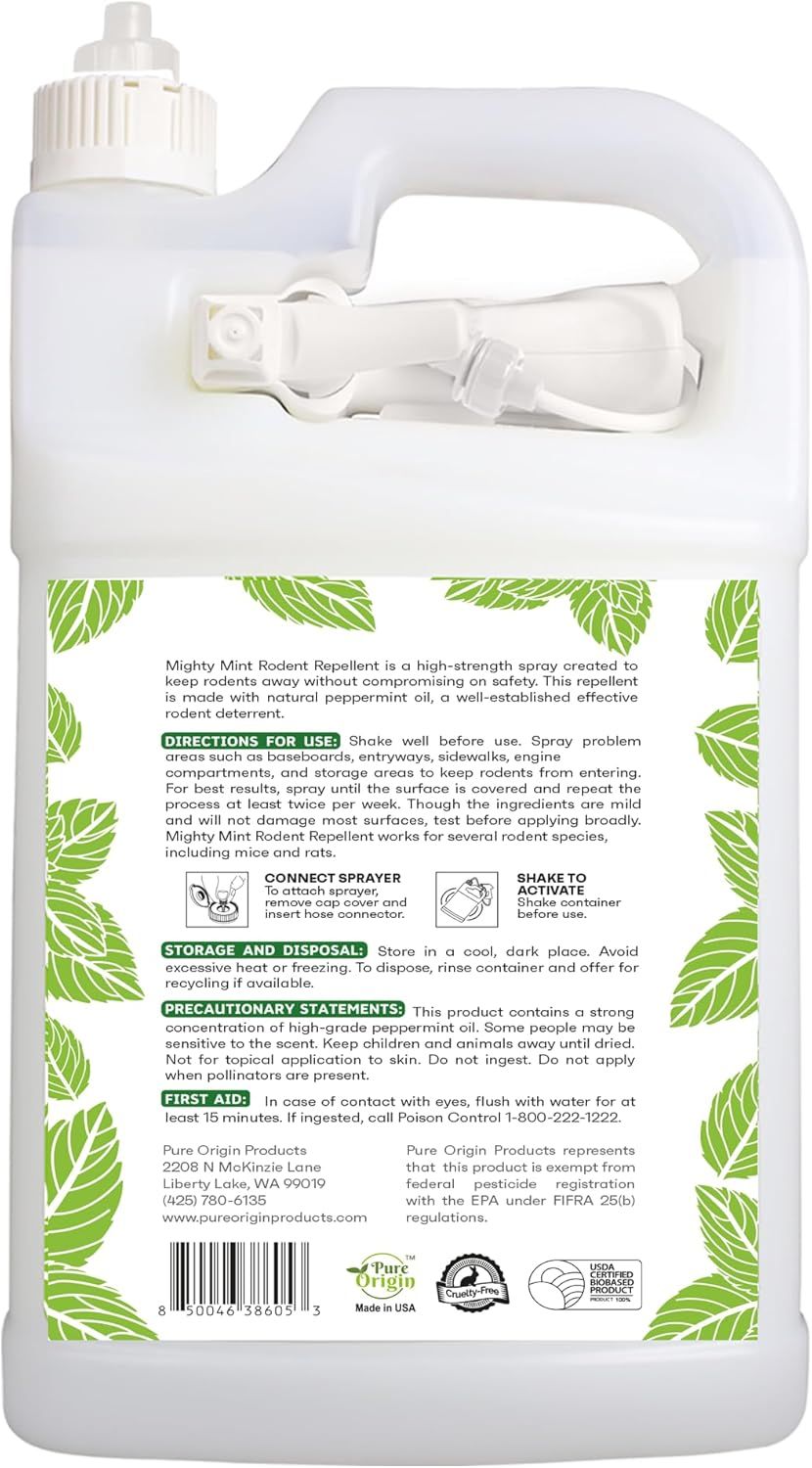 This image provides detailed usage instructions for the rodent repellent spray, showing shoppers how to properly prepare, apply, and store the product for…