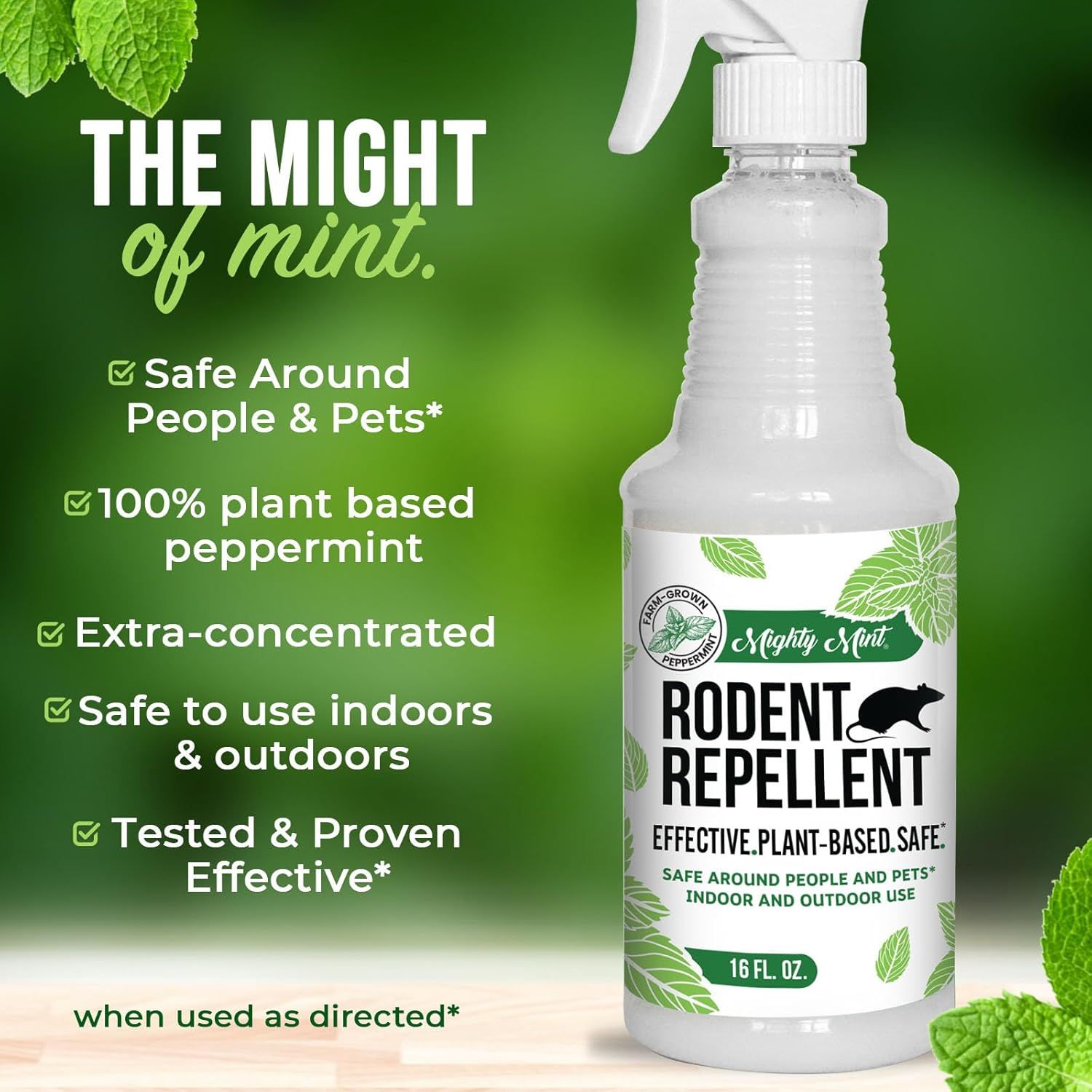 Communicates multiple key benefits of the rodent repellent in a segmented checklist format, emphasizing safety, natural ingredients, concentration,…